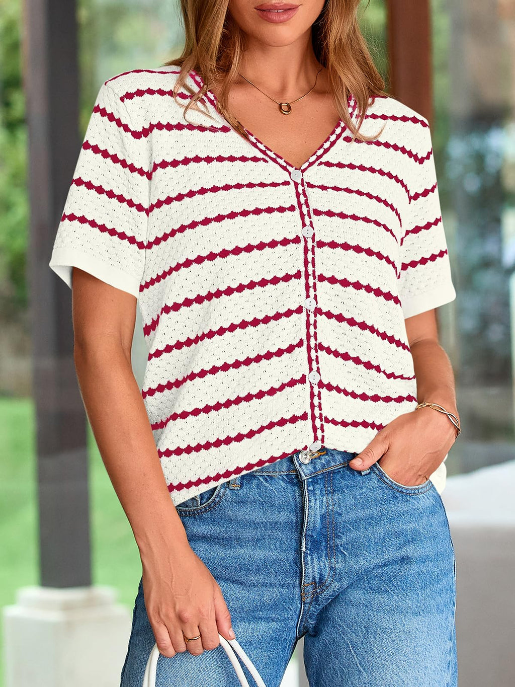 FreshPretty Women's Short Sleeve Sweater Spring Summer Crochet Knit Tops V Neck Striped Button Down Dressy Casual Blouses