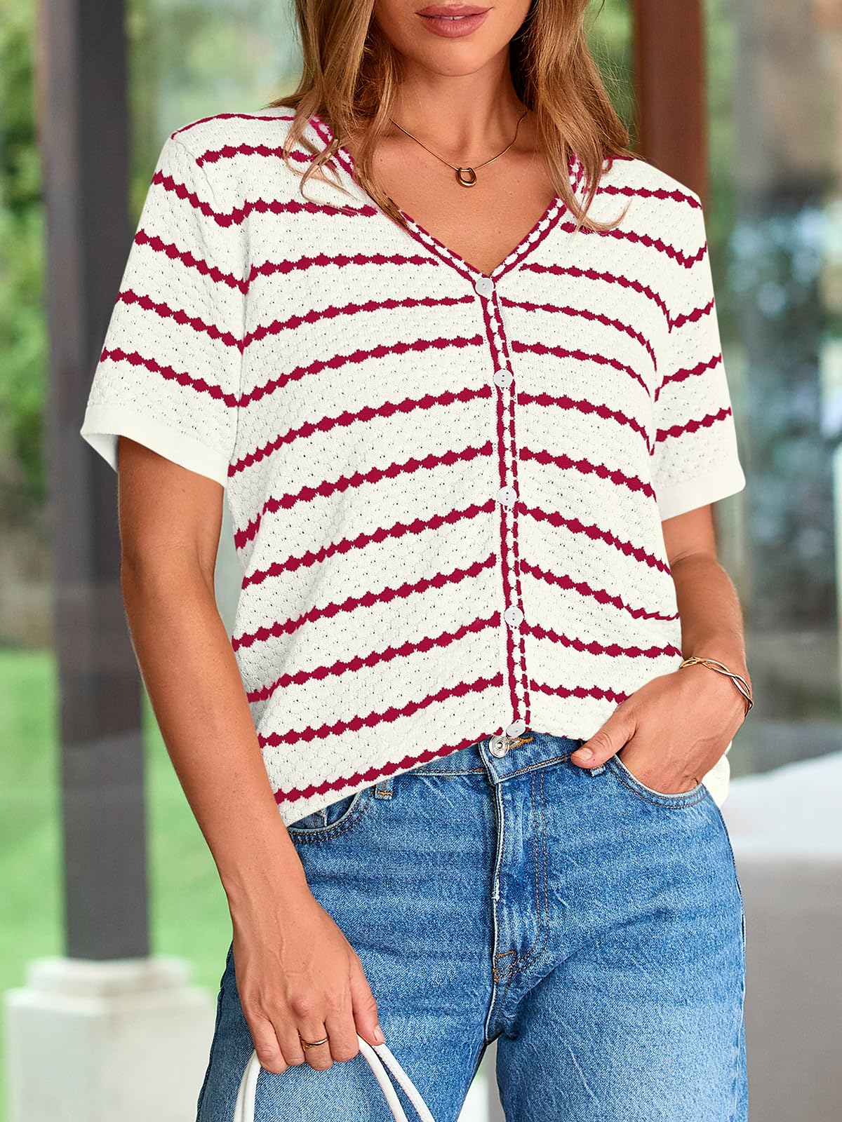 FreshPretty Women's Short Sleeve Sweater Spring Summer Crochet Knit Tops V Neck Striped Button Down Dressy Casual Blouses