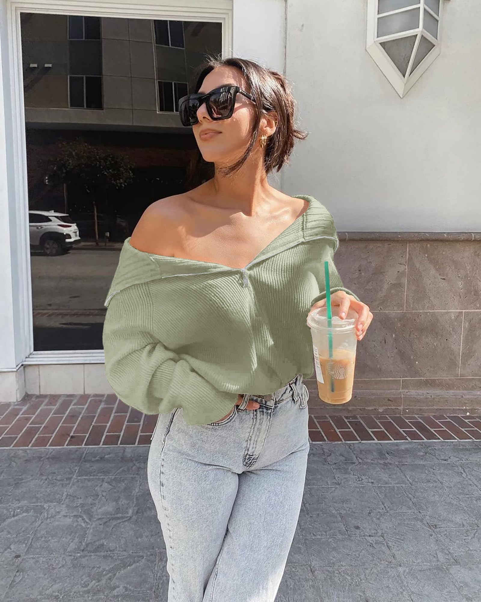 FreshPretty Womens Sweaters Quarter Zip Pullover V Neck Collar Long Sleeve Ribbed Knit Loose Casual Winter Fall Sweater