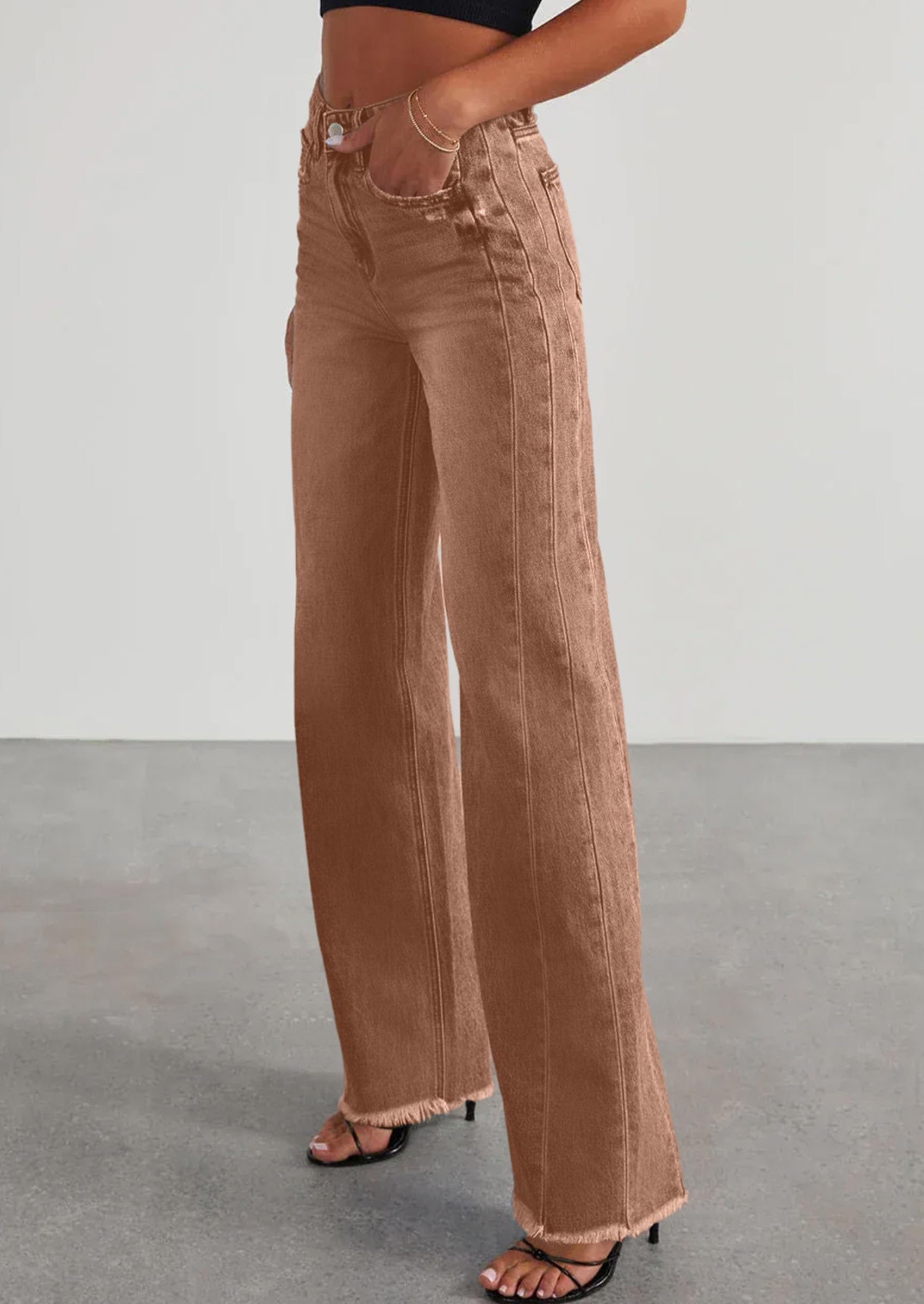 PRETTYGARDEN Wide Leg Jeans for Women Trendy High Waisted Stretchy Baggy Raw Hem Denim Palazzo Pants Fall Clothes