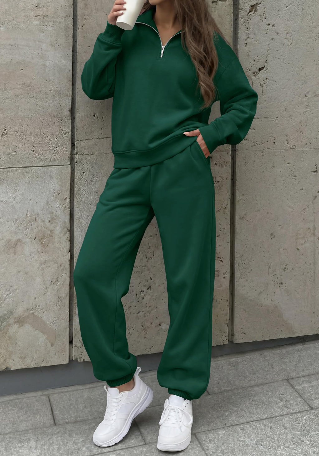 BTFBM Womens 2 Piece Outfits Sweatsuit Fleece Lounge Sets Quarter Zip Pullover Sweatshirt,Baggy Jogger Sweatpants,Fall Fashion Clothing,Airport Travel Matching Sweat Set