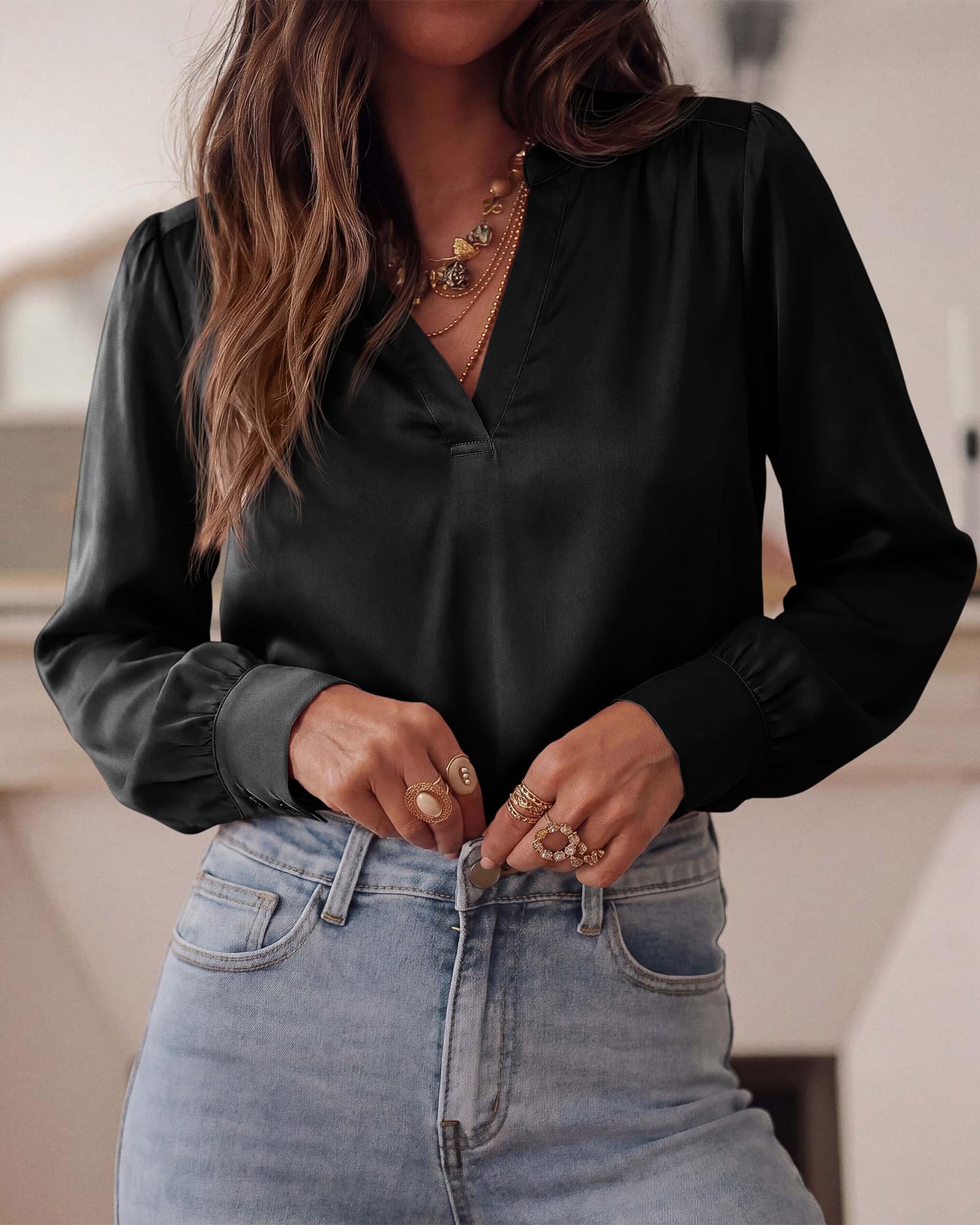 BTFBM Satin Blouses for Women Dressy Casual | Lightweight,V Neck,Long Sleeve Tops,Going Out Outfits,Fall Fashion Clothing