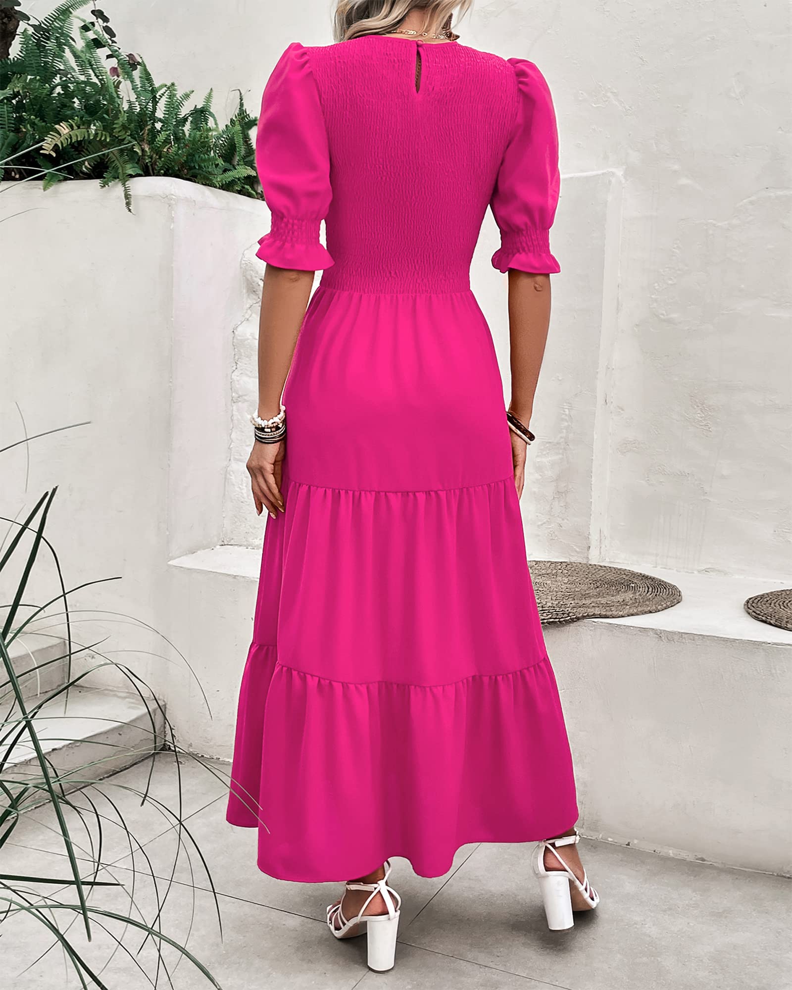 FreshPretty Women Casual Summer Dresses Spring Crew Neck Ruffle Short Sleeve Floral Print Smocked Boho Flowy Maxi Dress