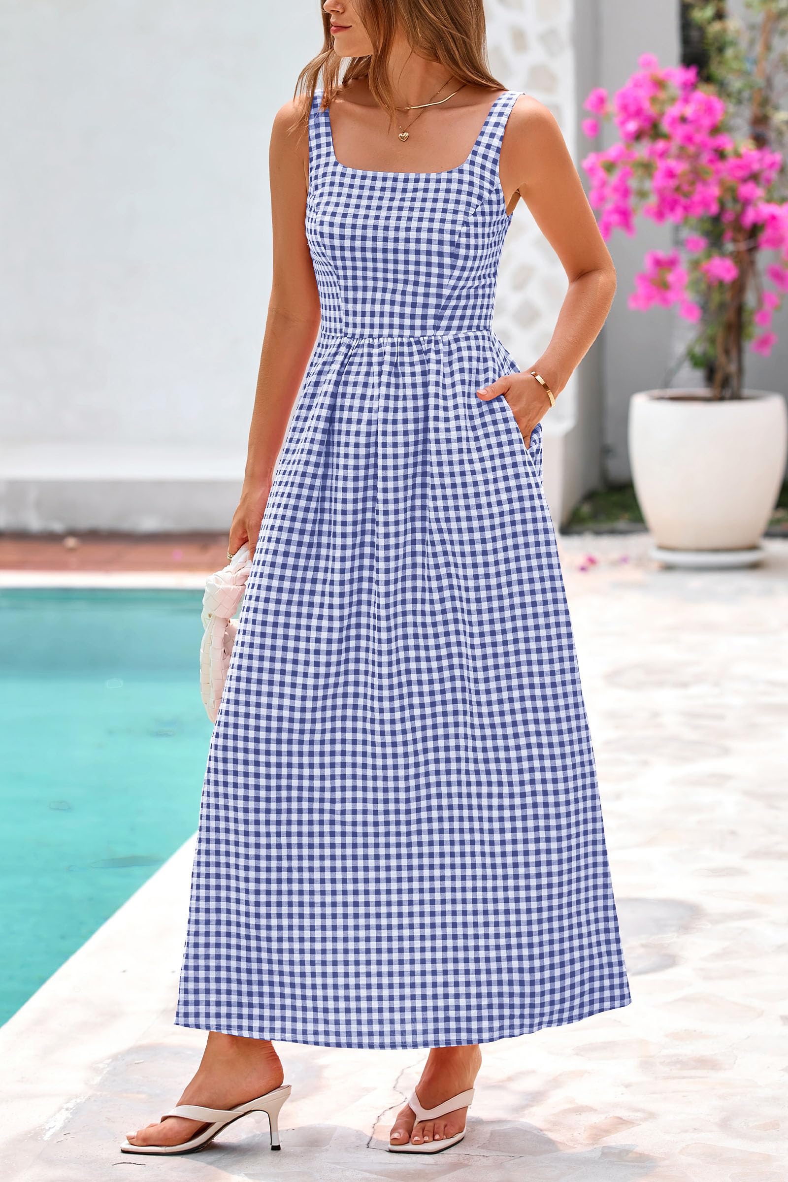 PRETTYGARDEN Women's Summer Spaghetti Strap Maxi Dresses Plaid Square Neck A Line Casual Beach Vacation Long Sundress