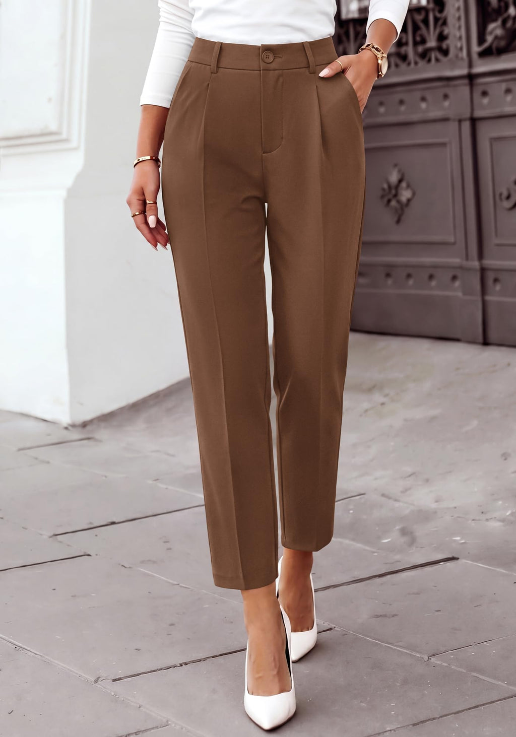 BTFBM Dress Pants Women Work Business Office Ankle Trousers Pockets Straight Leg Pleated Womens Slacks,Tapered Trousers for Work Office,Elastic Back High Waist,Fall Business Casual Outfits