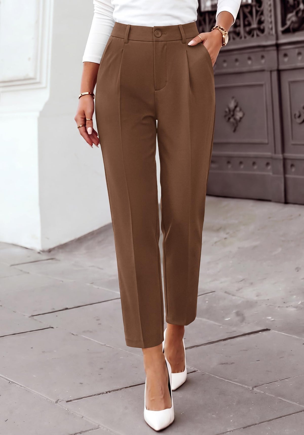 BTFBM Dress Pants Women Work Business Office Ankle Trousers Pockets Straight Leg Pleated Womens Slacks,Tapered Trousers for Work Office,Elastic Back High Waist,Fall Business Casual Outfits