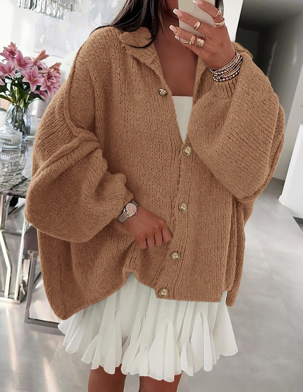 PRETTYGARDEN Women's Winter Button Down Cardigan Sweaters Mock Neck Lantern Long Sleeve Chunky Knit Jacket Trendy Outerwear