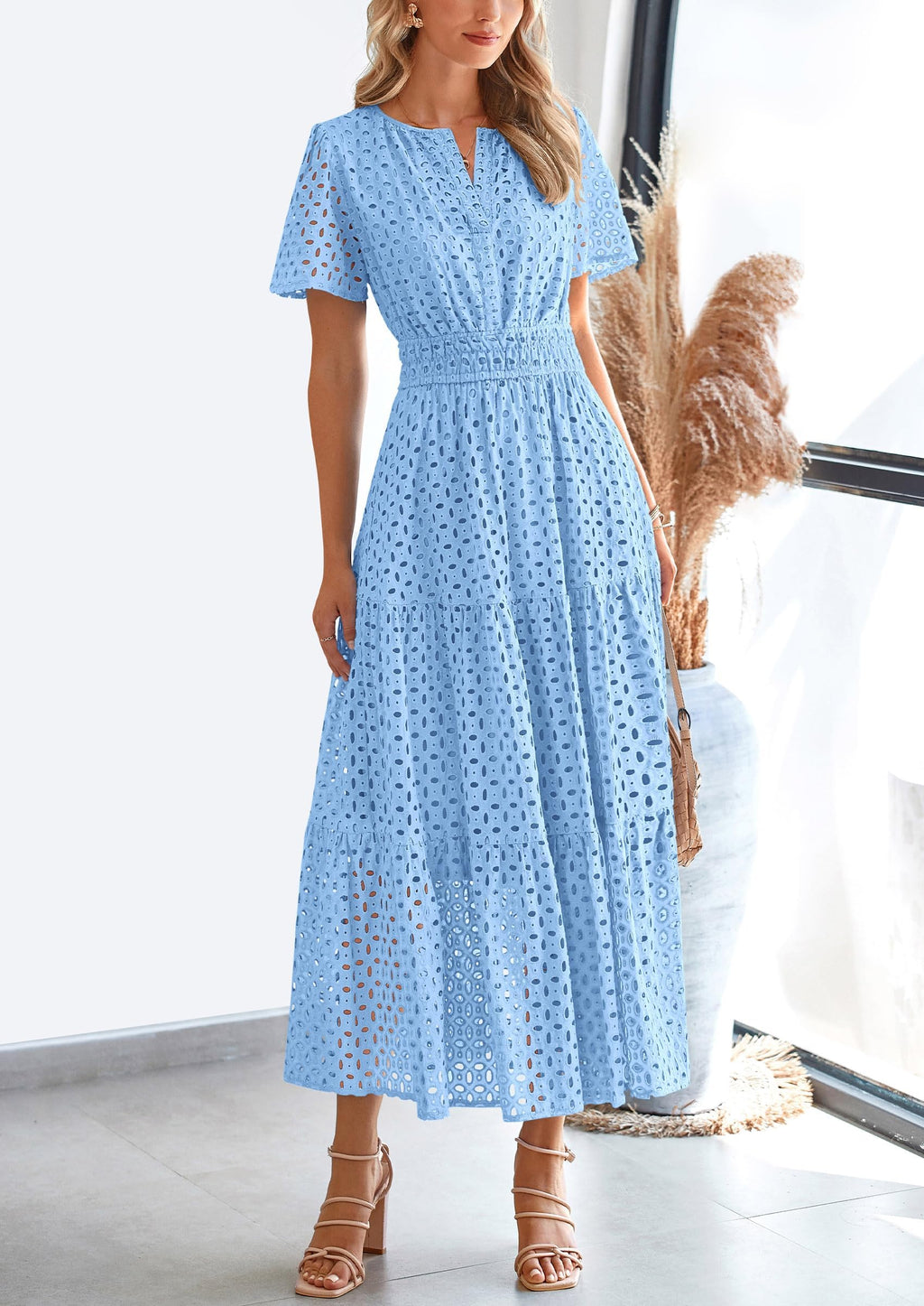 PRETTYGARDEN Womens Summer Maxi Dress Short Sleeve V Neck Hollow Out Eyelet A Line Long Flowy Beach Vacation Dresses