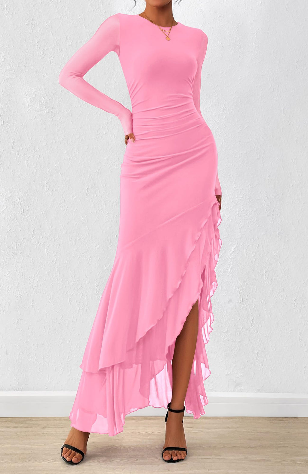 BTFBM Women's Maxi Dresses Fall Long Sleeve Wedding Guest Dress Mesh,Ruched,Bodycon,High Split,Solid Color,Ruffle, Mermaid,Cocktail Dresses,Prom,Party,Homecoming Dress,Fall Outfits