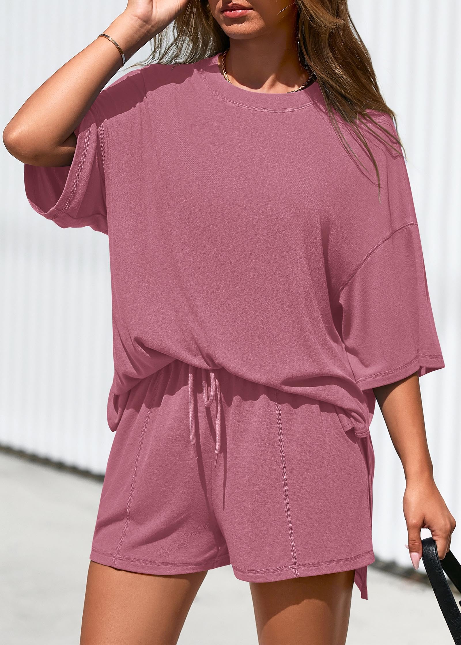 FreshPretty 2 Piece Sets for Women Summer Lounge Sets Casual Oversized Tshirts Shorts Matching Airport Travel Outfits Postpartum