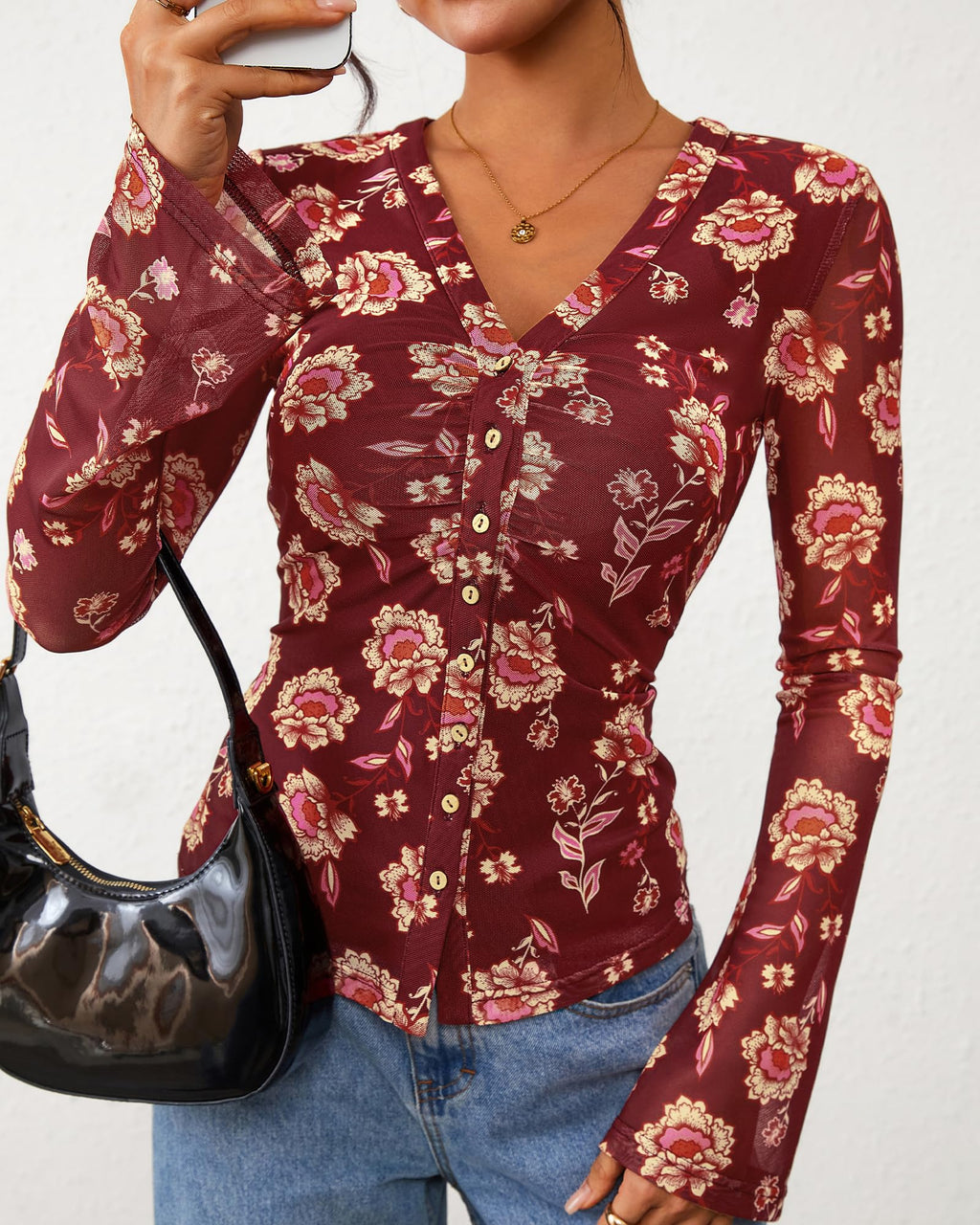 BTFBM Button Down Shirts for Women Spring Boho Tops V Neck Long Sleeve Blouses Ruched Mesh Fitted Fall Fashion