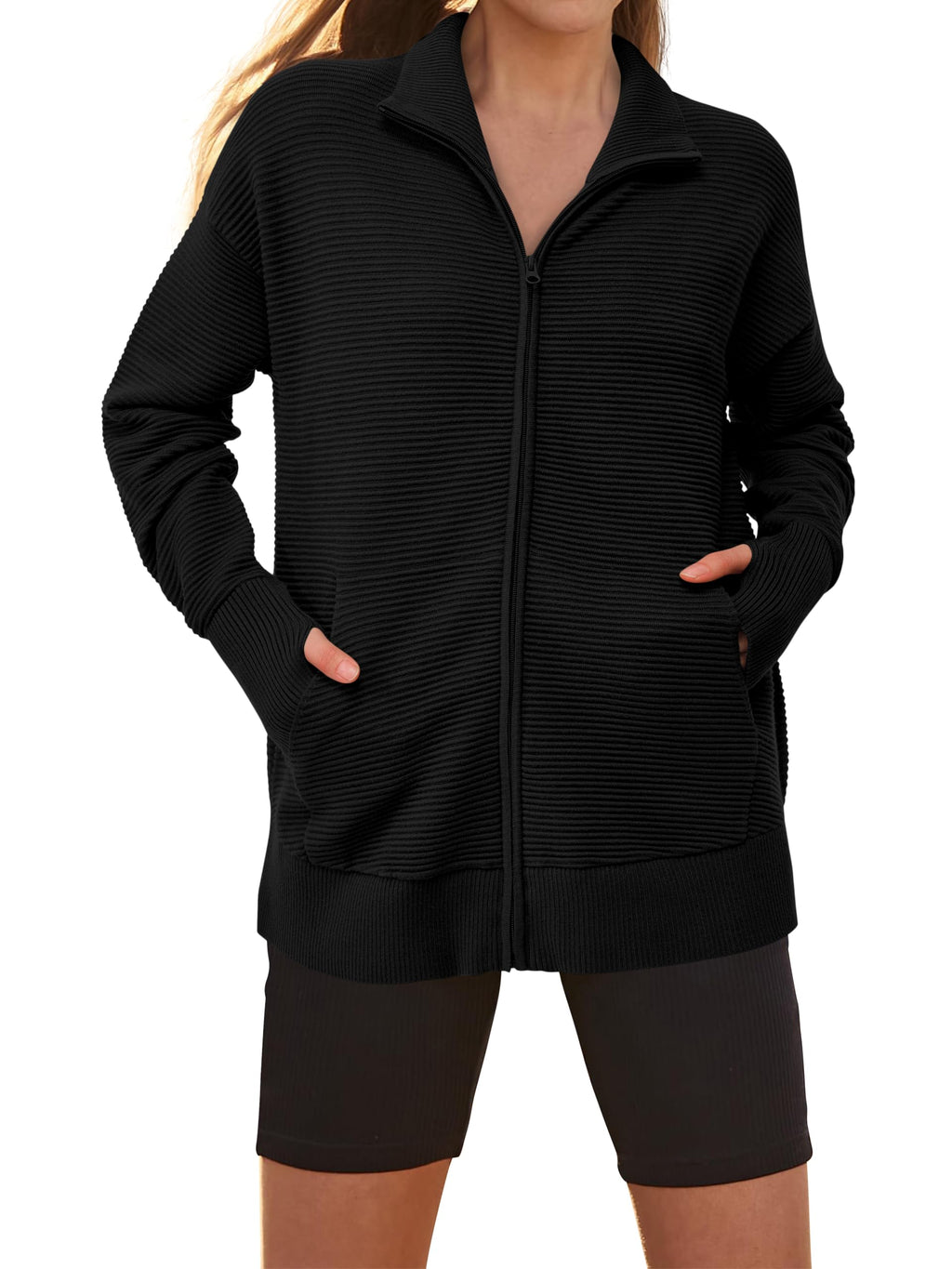 PRETTYGARDEN Womens Fall Long Sleeve Zip Up Cardigan Sweaters Casual Loose Collared Ribbed Knit Tops Jackets Thumb Hole