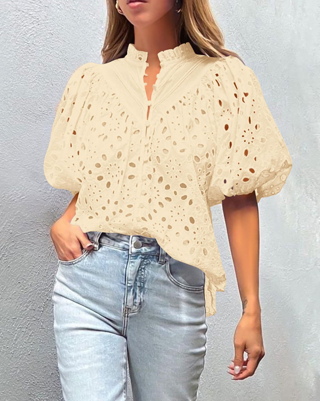 PRETTYGARDEN Women's Summer Tops Dressy Casual Short Sleeve V Neck Buttons Hollow Out Lace Embroidered Blouses Shirts