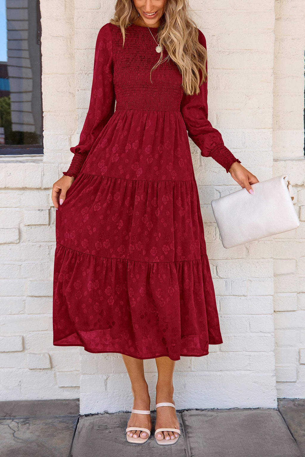 PRETTYGARDEN Women's Fall Spring Midi Dress Long Sleeve Floral Smocked Elegant Wedding Guest Long Flowy Dresses with Pockets