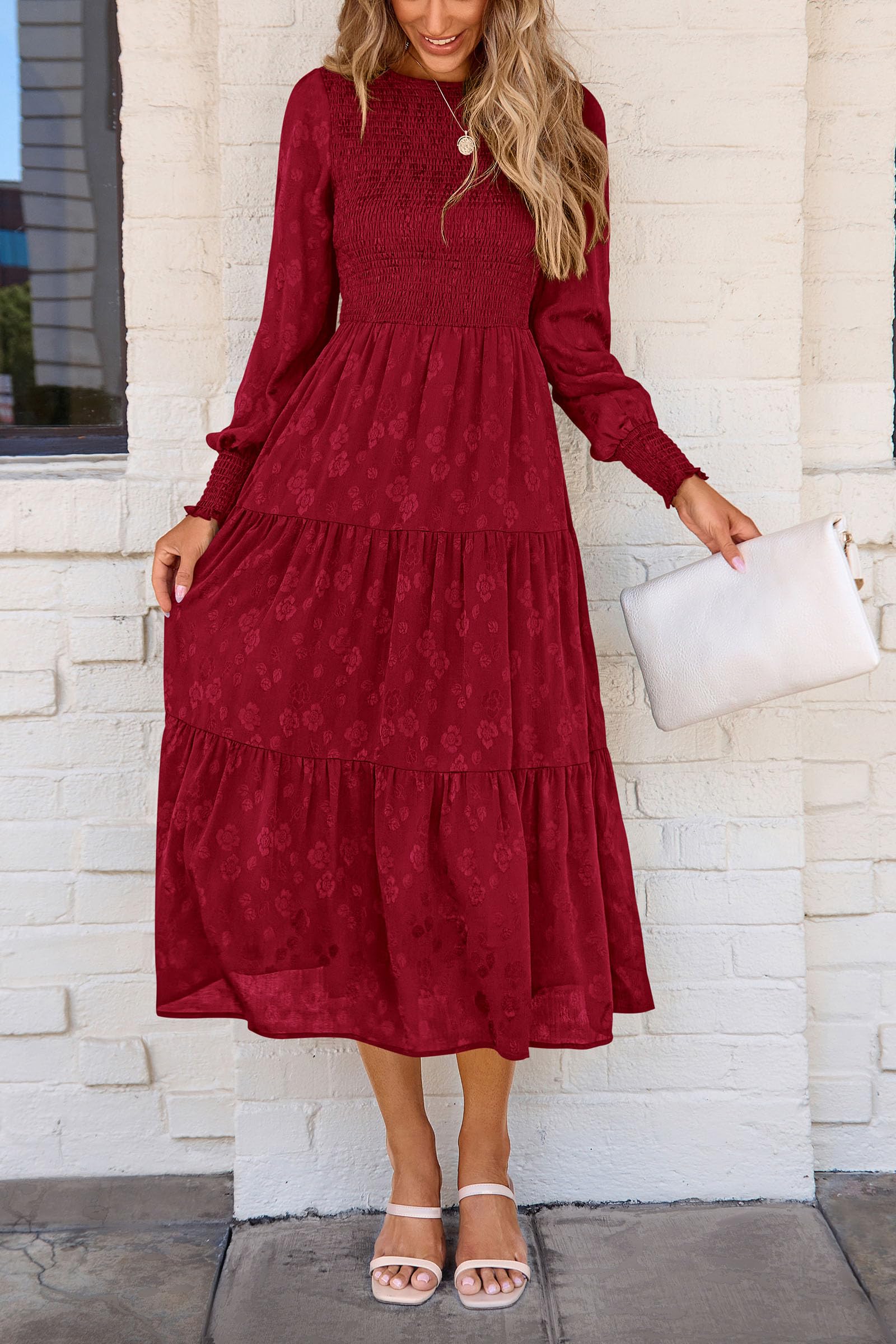 PRETTYGARDEN Women's Fall Spring Midi Dress Long Sleeve Floral Smocked Elegant Wedding Guest Long Flowy Dresses with Pockets