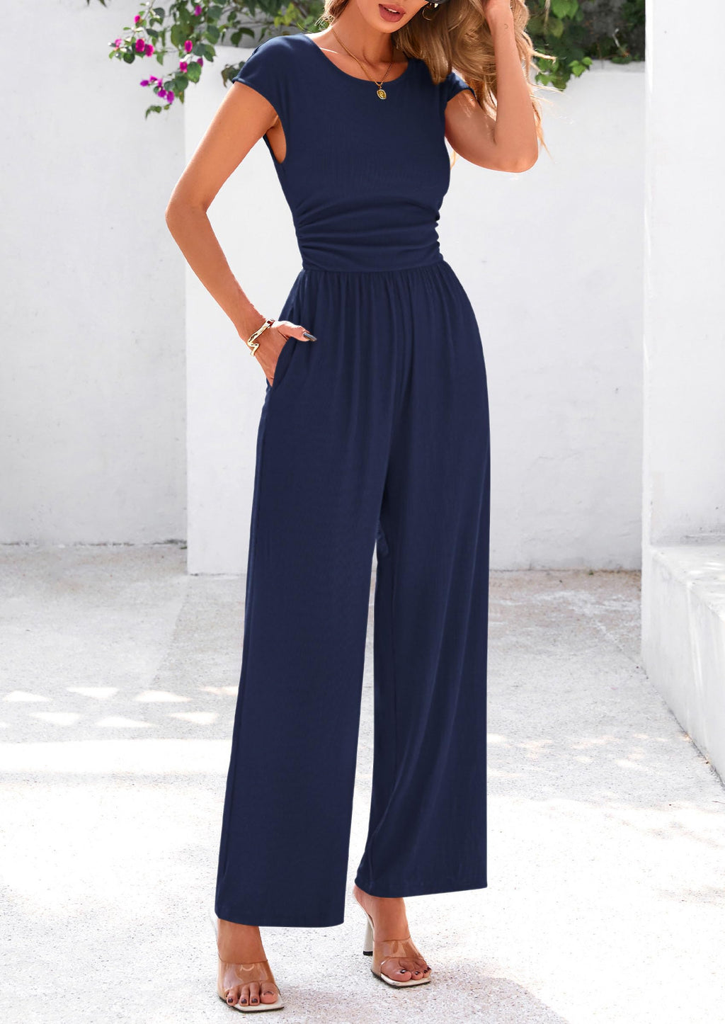 PRETTYGARDEN Summer Jumpsuits for Women Dressy Ribbed Cap Sleeve Wide Leg Pants Rompers Elegant Casual One Piece Outfits