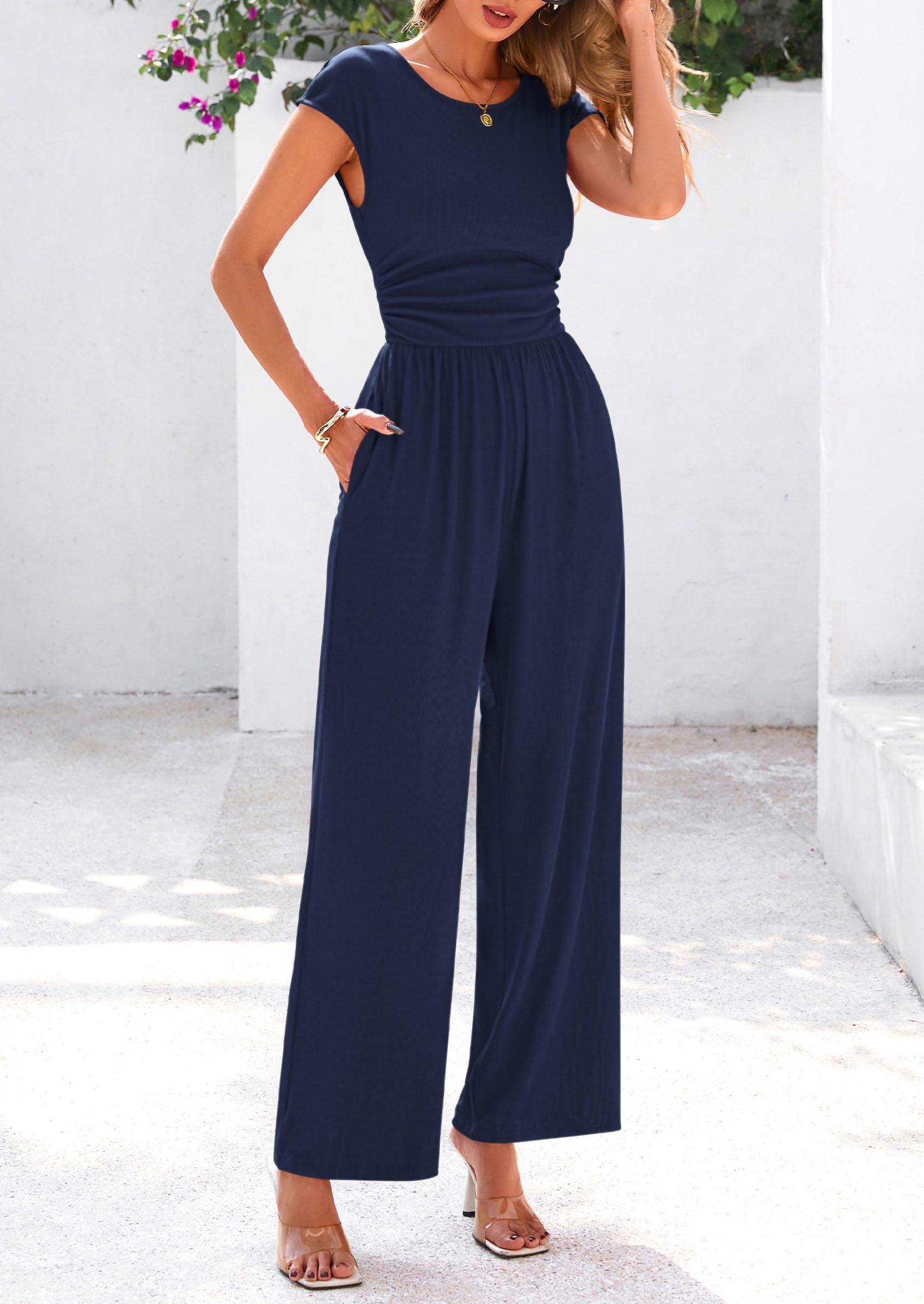 PRETTYGARDEN Summer Jumpsuits for Women Dressy Ribbed Cap Sleeve Wide Leg Pants Rompers Elegant Casual One Piece Outfits
