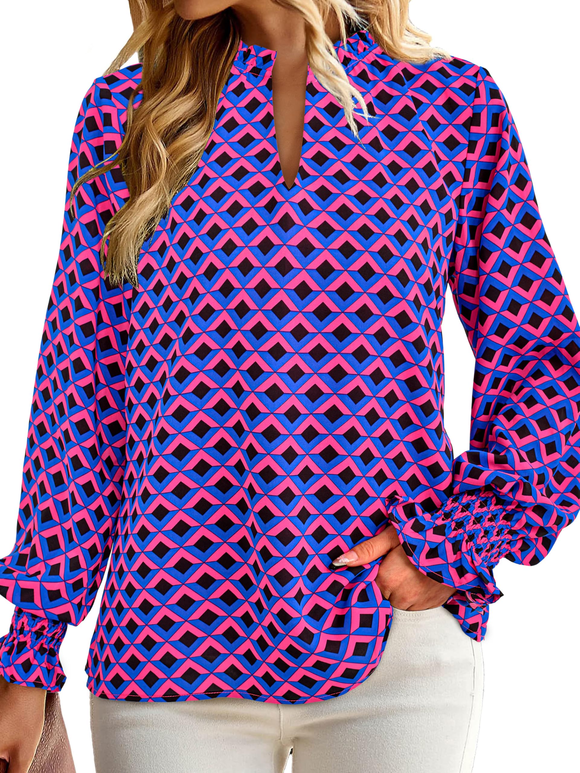 FreshPretty Womens V Neck Floral Long Sleeve Tops Summer Casual Loose Puff Sleeve Chiffon Boho Work Blouse Dressy T Shirts