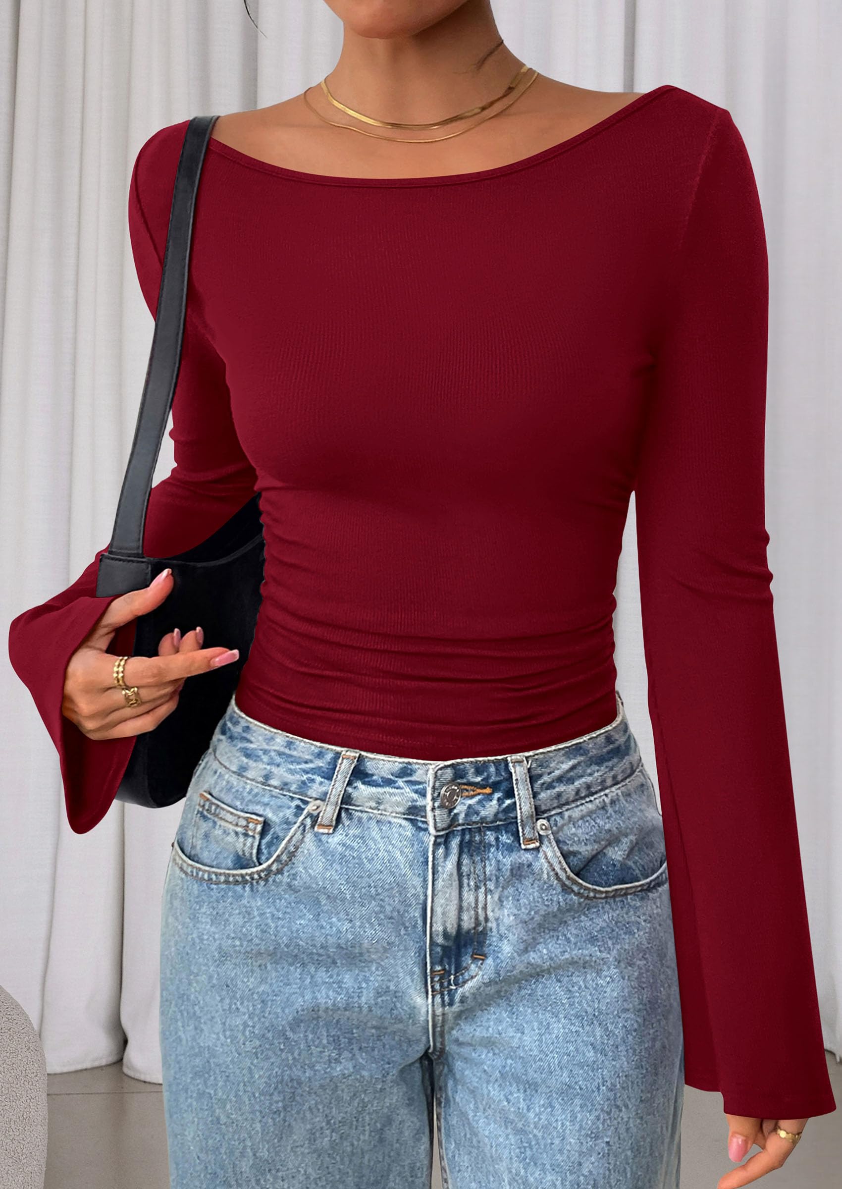 PRETTYGARDEN Women's Long Sleeve Shirts Fall Crop Going Out Tops Casual Boat Neck Bell Sleeve Ribbed Ruched Y2K Clothes