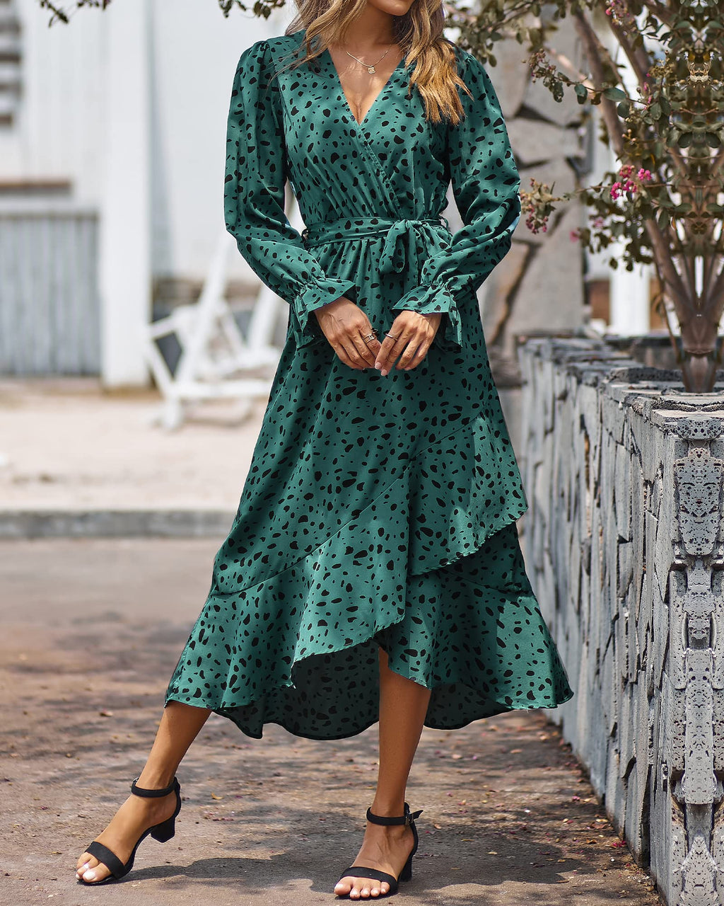 BTFBM Womens Dresses Summer V Neck Floral High Waist Ruffle Wedding Guest Cocktail Boho Spring Long Sleeve Dress