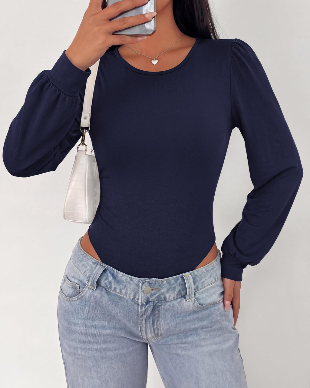 BTFBM Long Puff Sleeve Bodysuits for Women | Crew Neck 2 Snap Crotch Thong Shapewear,Stretchy Knit Leotards,Casual Y2K Going Out Tops,Winter Layer,Fall Fashion Clothing