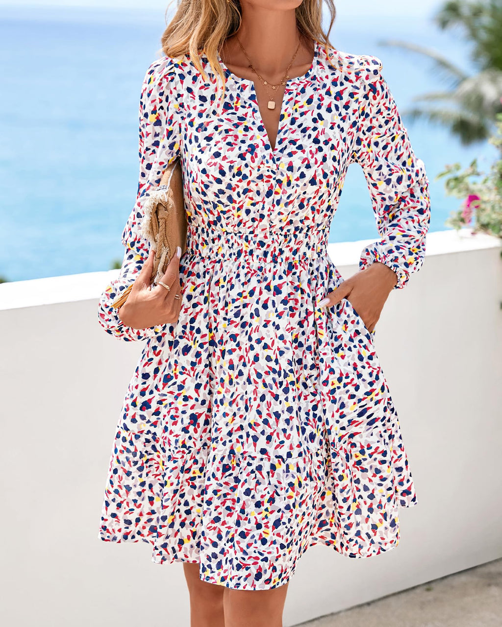 BTFBM Spring Dresses for Women Mini Long Sleeve Elastic Waist Summer Vacation Outfits Floral Wedding Guest Dress