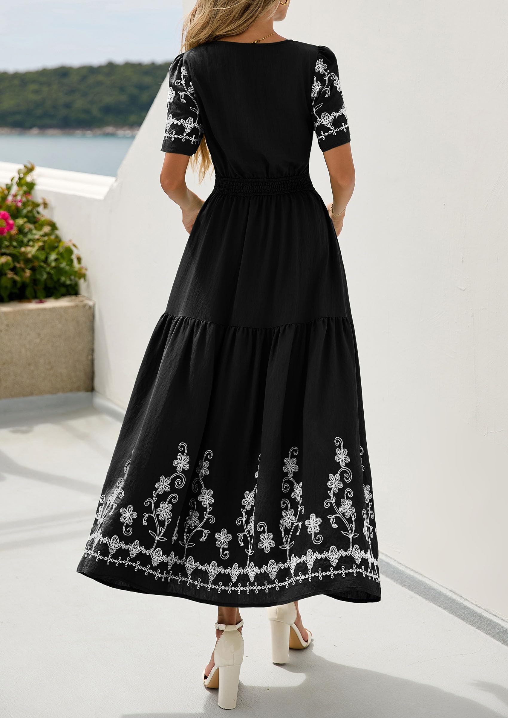 PRETTYGARDEN Women's Summer Boho Maxi Dress Spring Floral Short Sleeve V Neck A Line Flowy Beach Wedding Guest Dresses