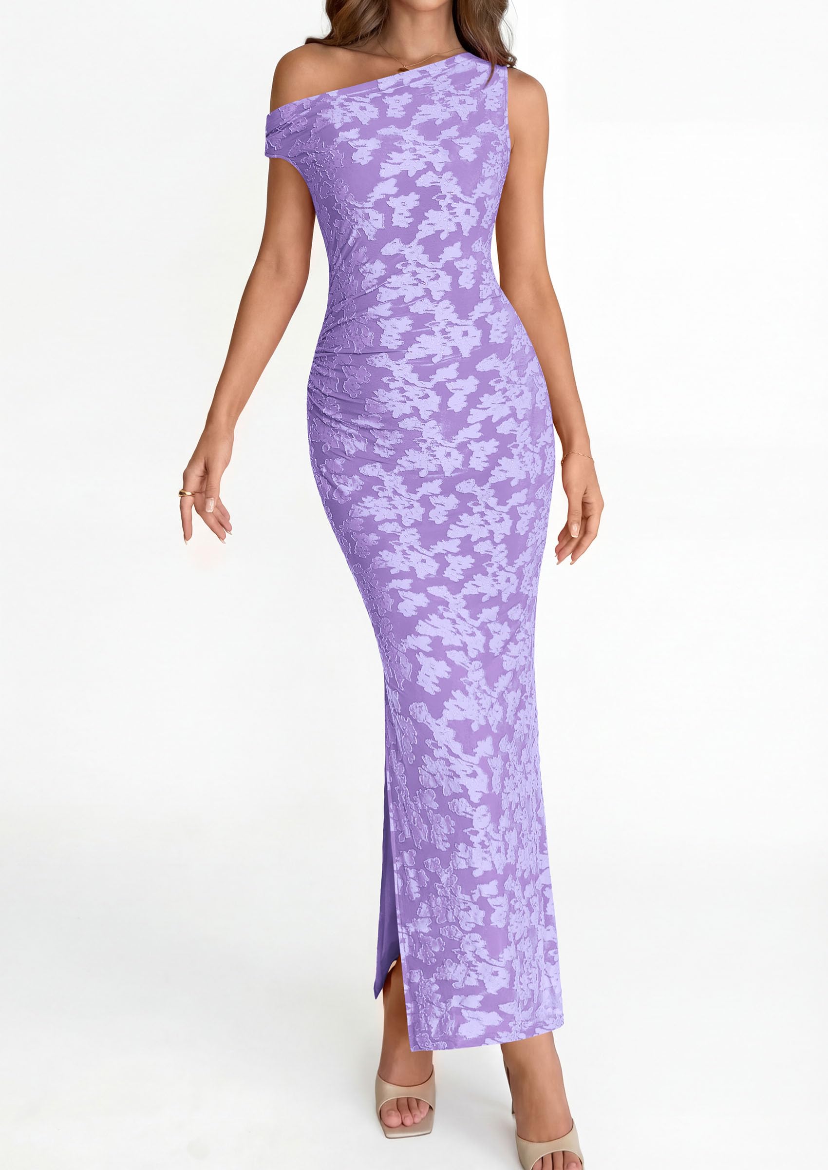 PRETTYGARDEN Womens Floral One Shoulder Maxi Dress Summer Spring Bodycon Ruched Side Slit Elegant Cocktail Party Dresses