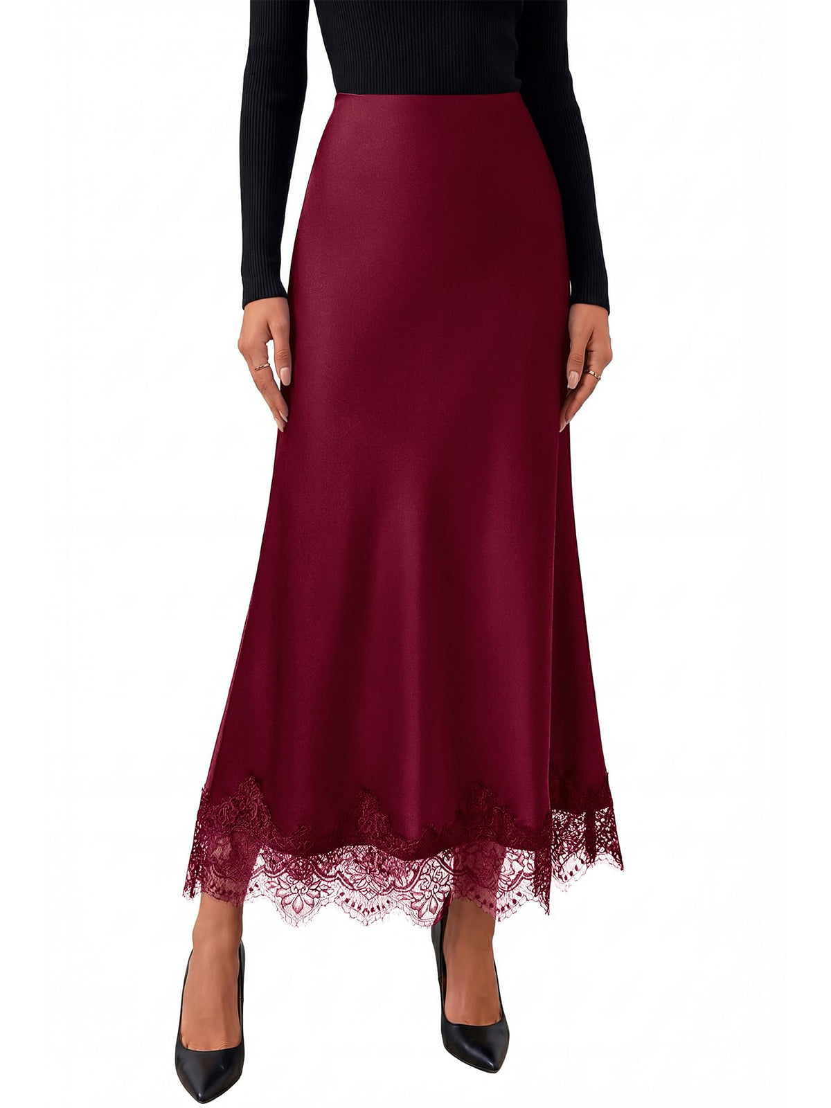BTFBM Lace Trim Satin Skirts for Women Elegant | Lightweight, High Waist, A-Line, Flowy Maxi Skirt, Wedding, Cocktail, Graduation, Holiday Outfits, Fall Fashion Clothing