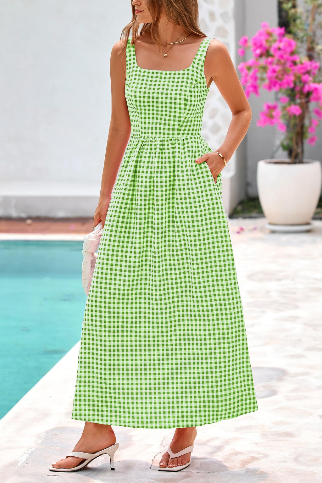 PRETTYGARDEN Women's Summer Spaghetti Strap Maxi Dresses Plaid Square Neck A Line Casual Beach Vacation Long Sundress