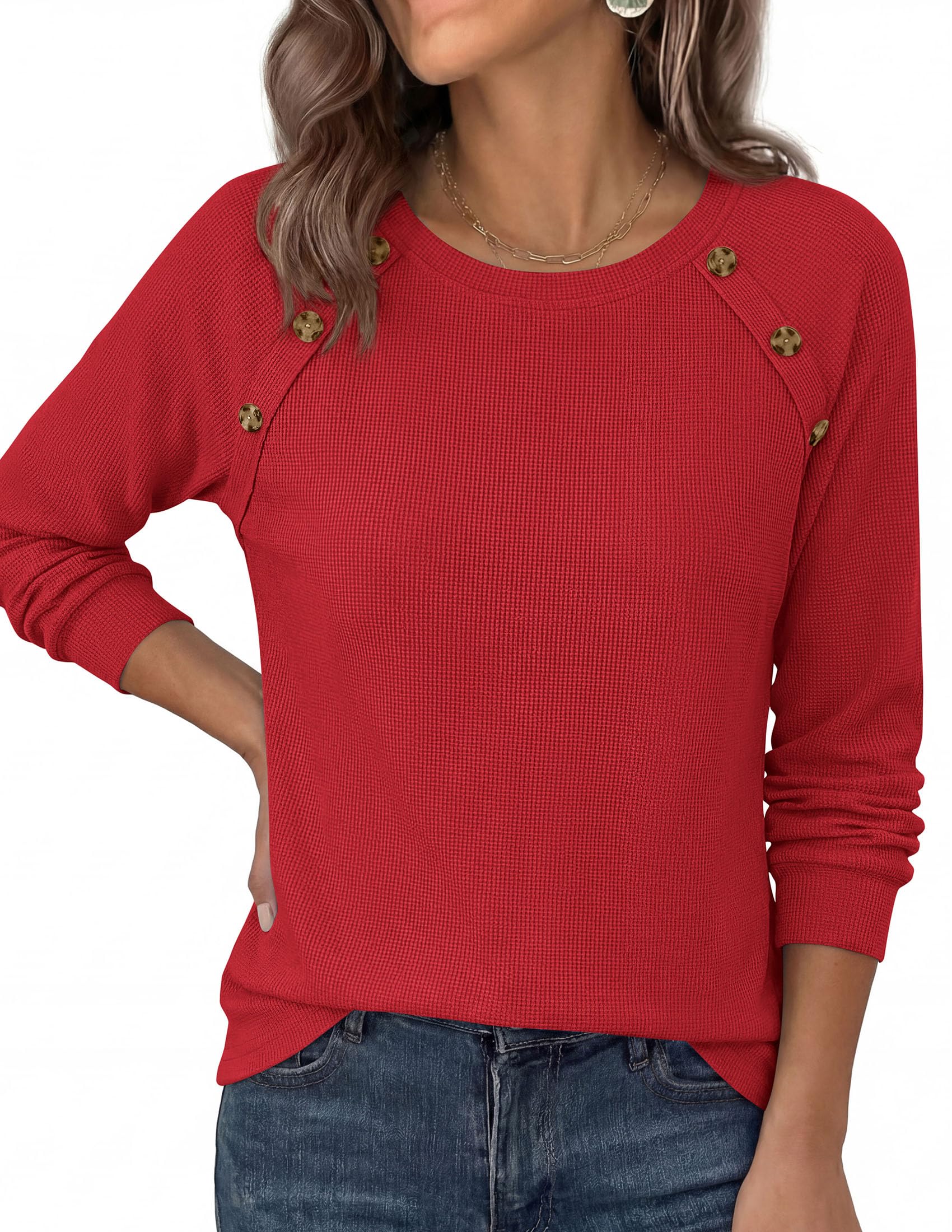 PRETTYGARDEN Long Sleeve Shirts for Women Waffle Knit Tops Fall Fashion Dressy Casual Loose Tunic Blouse Winter Clothing