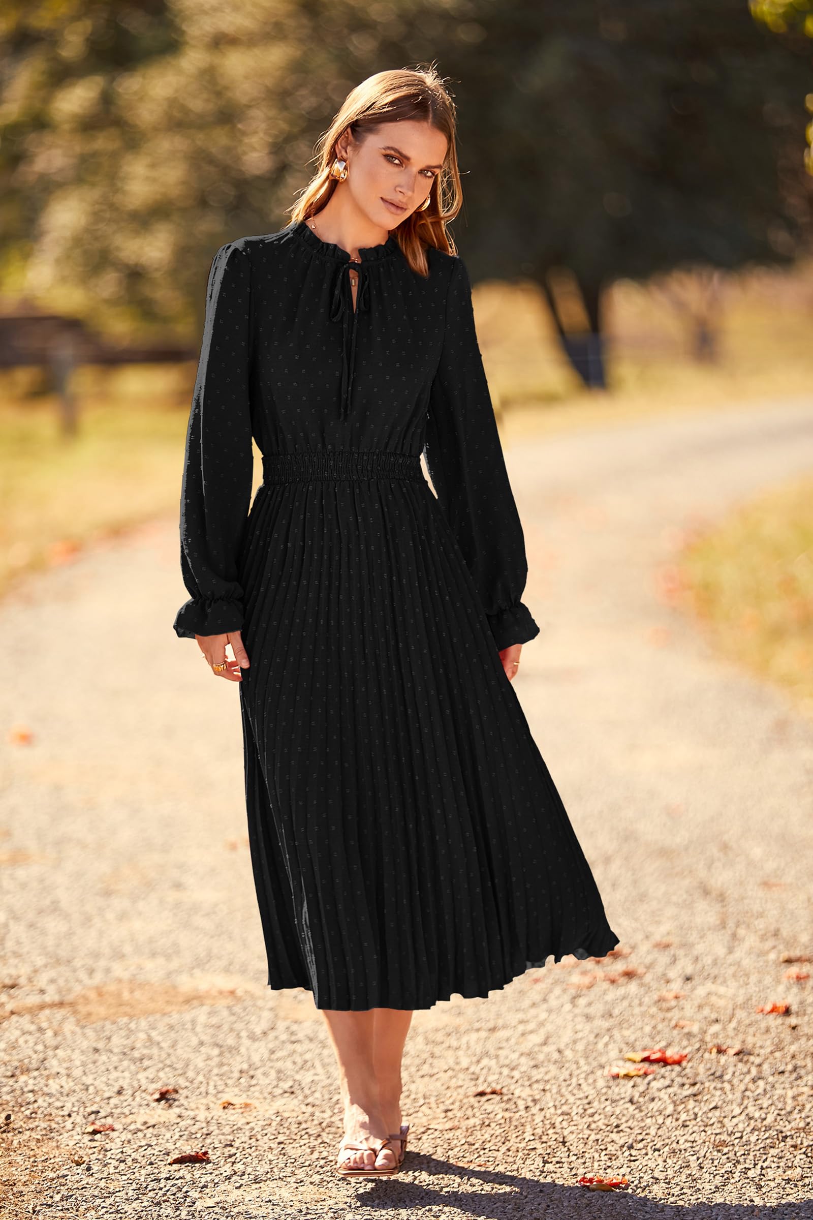 PRETTYGARDEN Women's Spring Fall Midi Dress Casual Long Sleeve V Neck Swiss Dot Pleated A Line Flowy Dresses