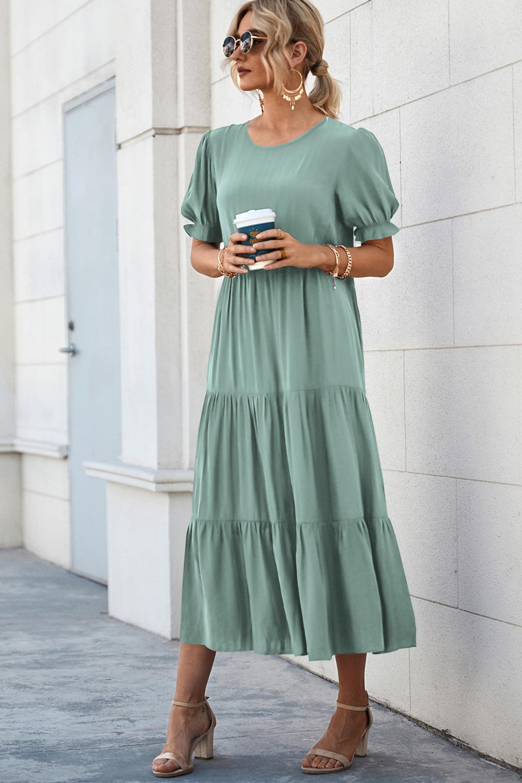 PRETTYGARDEN Summer Dresses for Women Casual Floral Boho Midi Sun Dress Puff Short Sleeve Flowy Beach Vacation Sundress