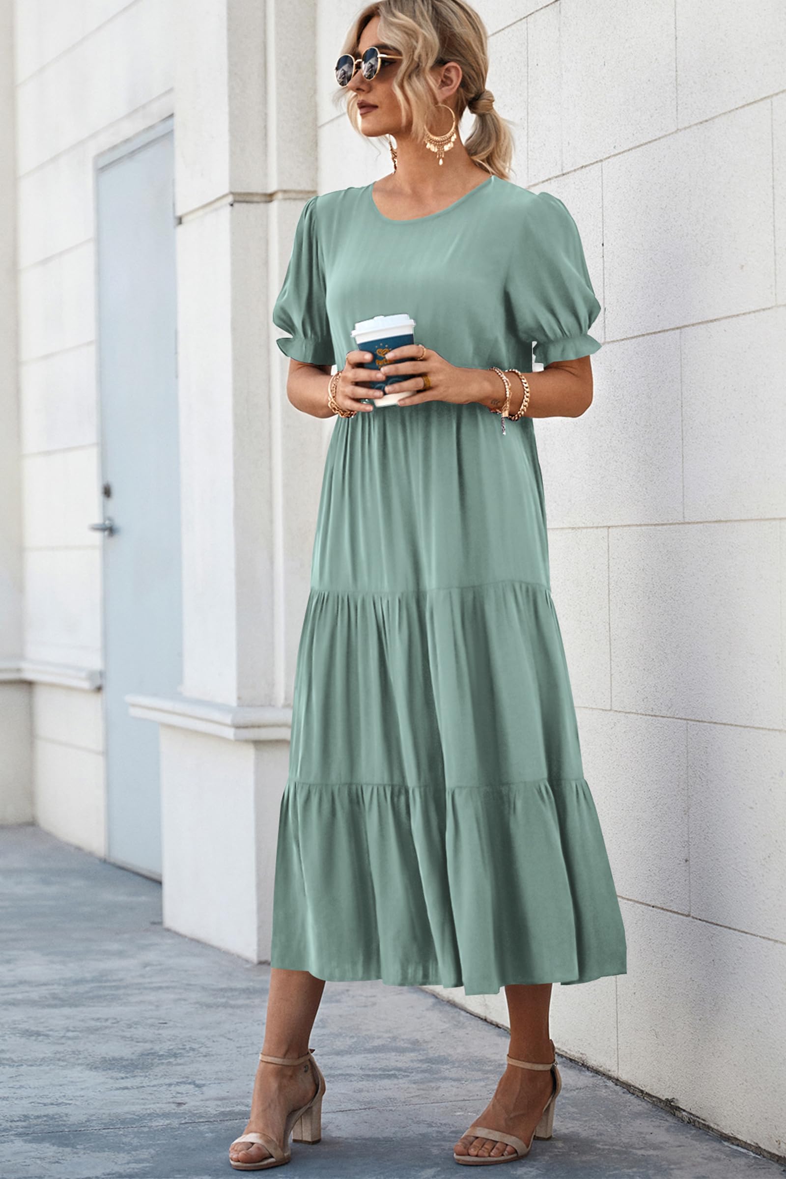 PRETTYGARDEN Summer Dresses for Women Casual Floral Boho Midi Sun Dress Puff Short Sleeve Flowy Beach Vacation Sundress