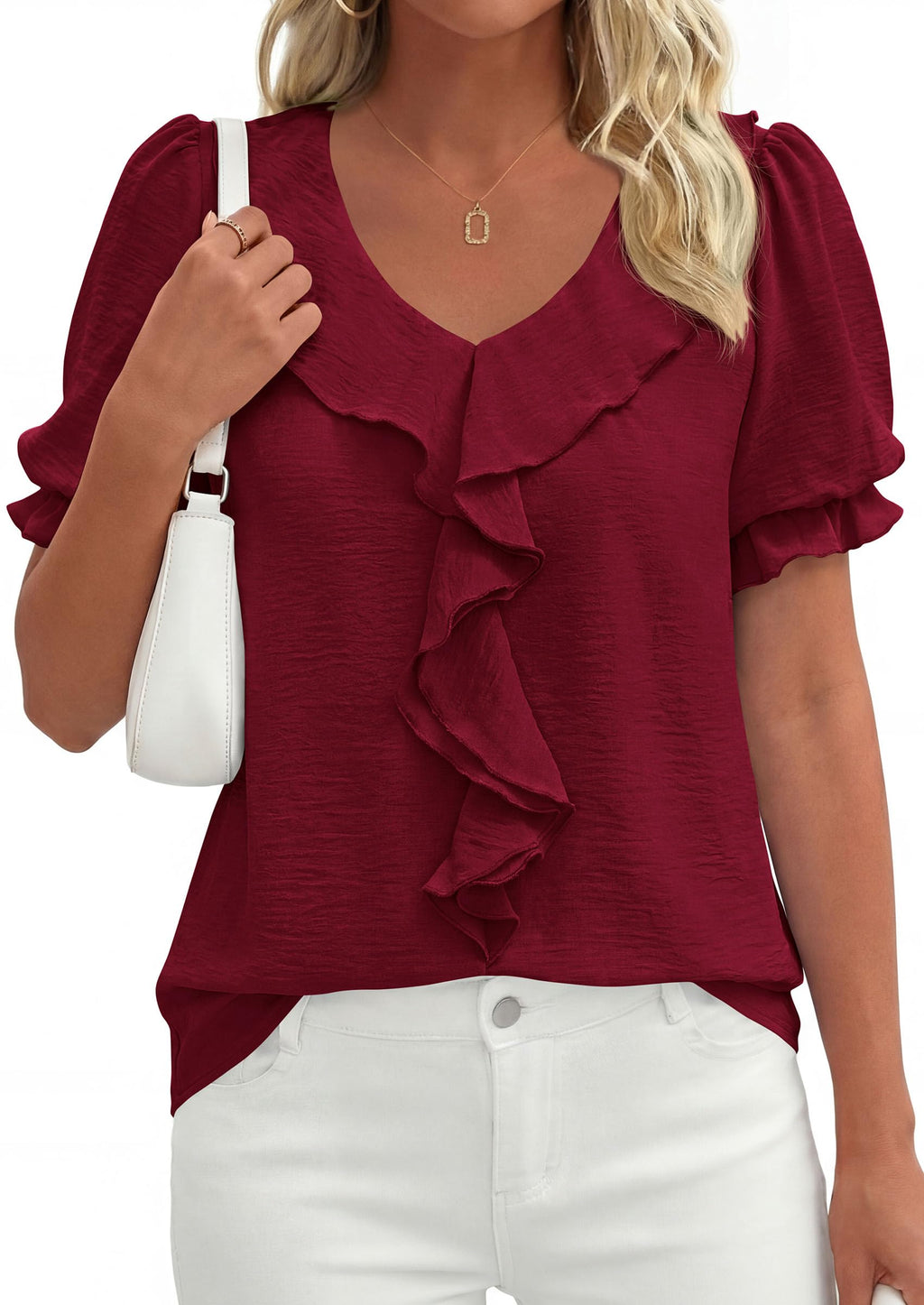 PRETTYGARDEN Women's Summer Dressy Casual Blouses Short Sleeve V Neck Ruffle Business Work Tops Trendy Spring Outfits