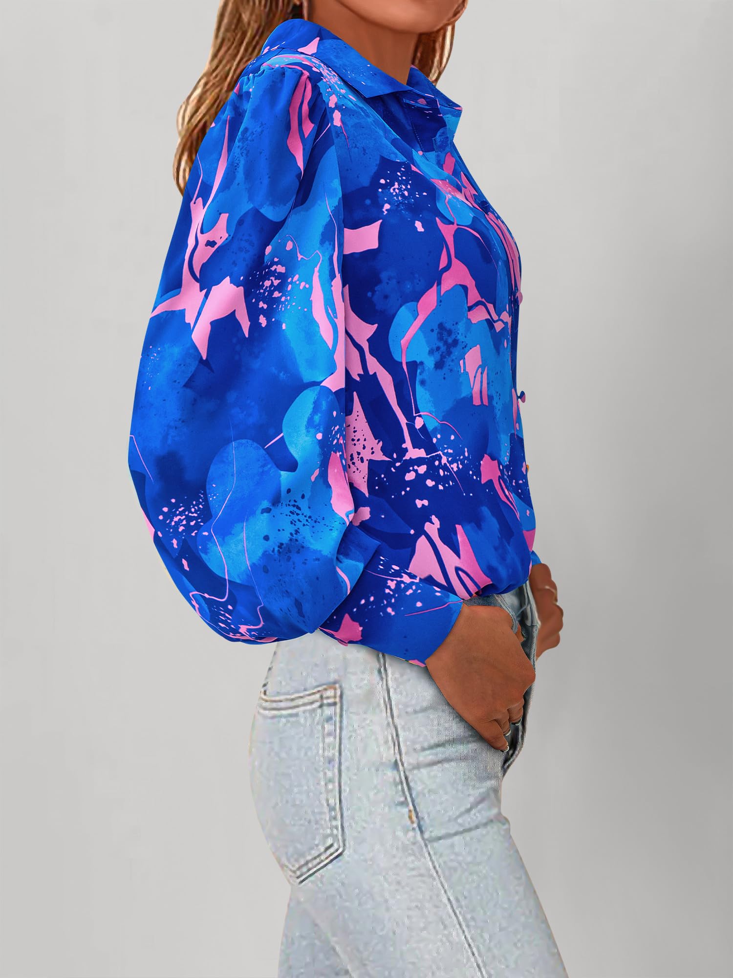 BTFBM Women Fashion Button Down Shirts V Neck Boho Printed Long Sleeve Blouses Dressy Casual Spring Fall Tops