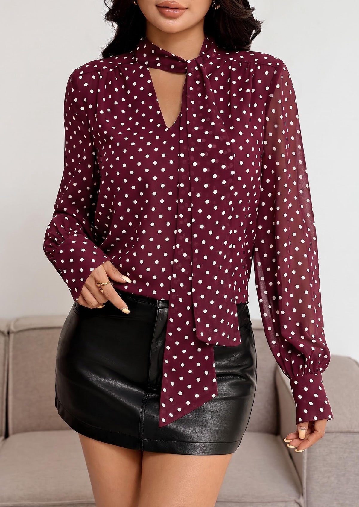 PRETTYGARDEN Women Chiffon Boho Blouses Dressy Casual Flowy Fall Tops, Long Sleeve V Neck Shirts with Tie, Elegant Date Night Outfit for Work Office, Going Out
