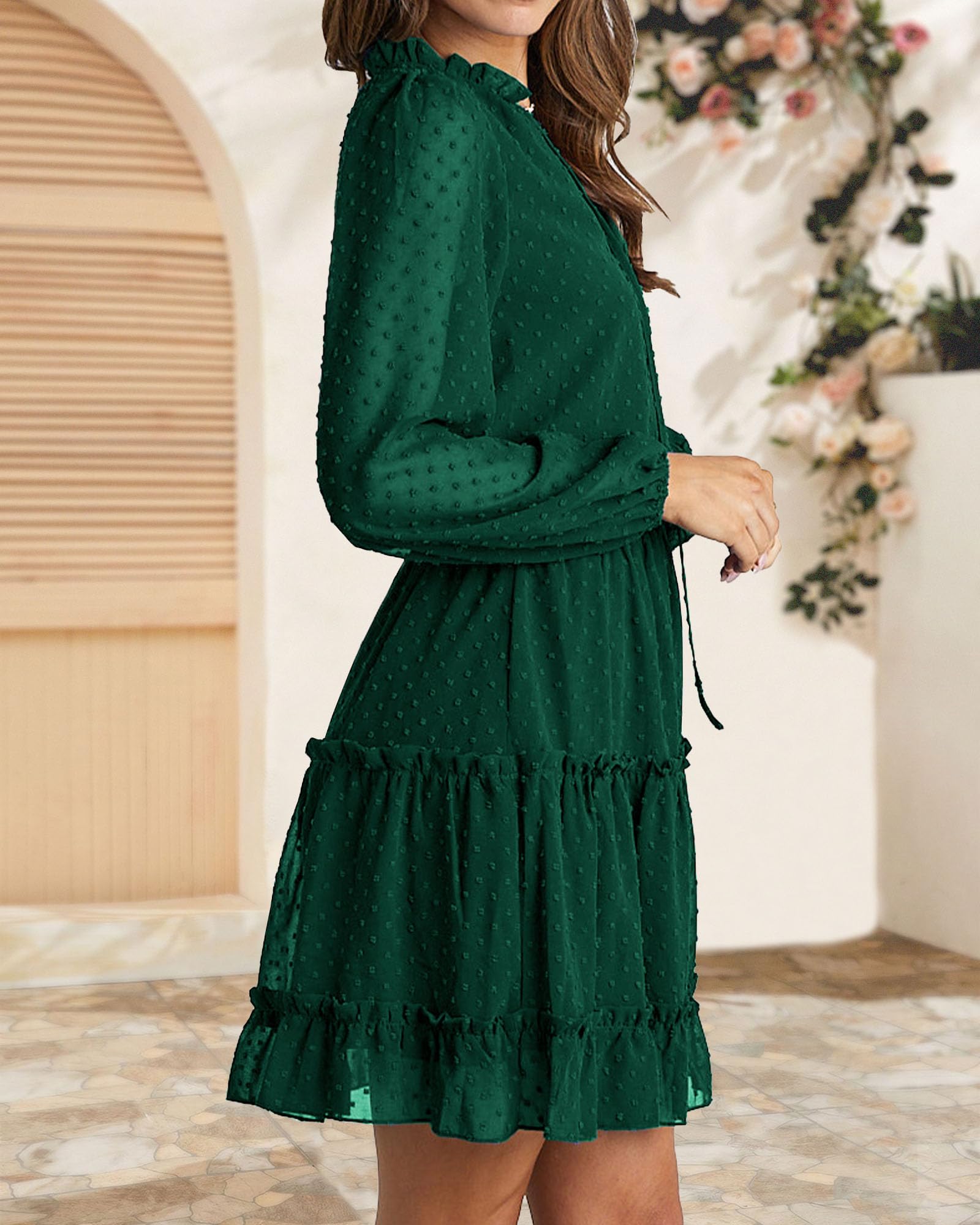 FreshPretty Long Sleeve Fall Dresses for Women Summer Casual Tie Neck Ruffle Tiered A Line Wedding Guest Short Mini Dress