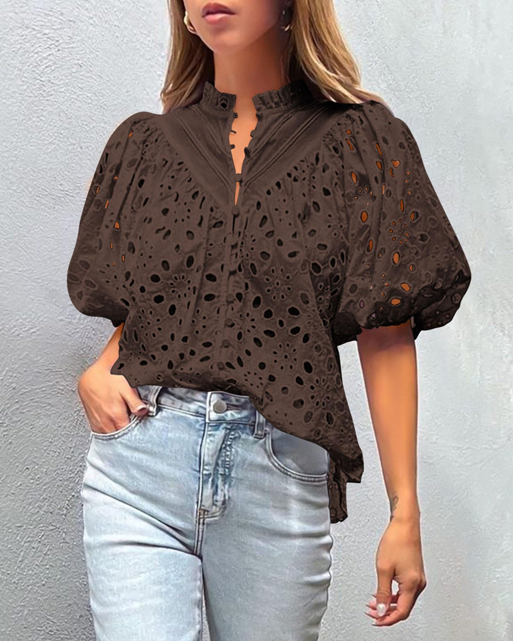 PRETTYGARDEN Women's Summer Tops Dressy Casual Short Sleeve V Neck Buttons Hollow Out Lace Embroidered Blouses Shirts