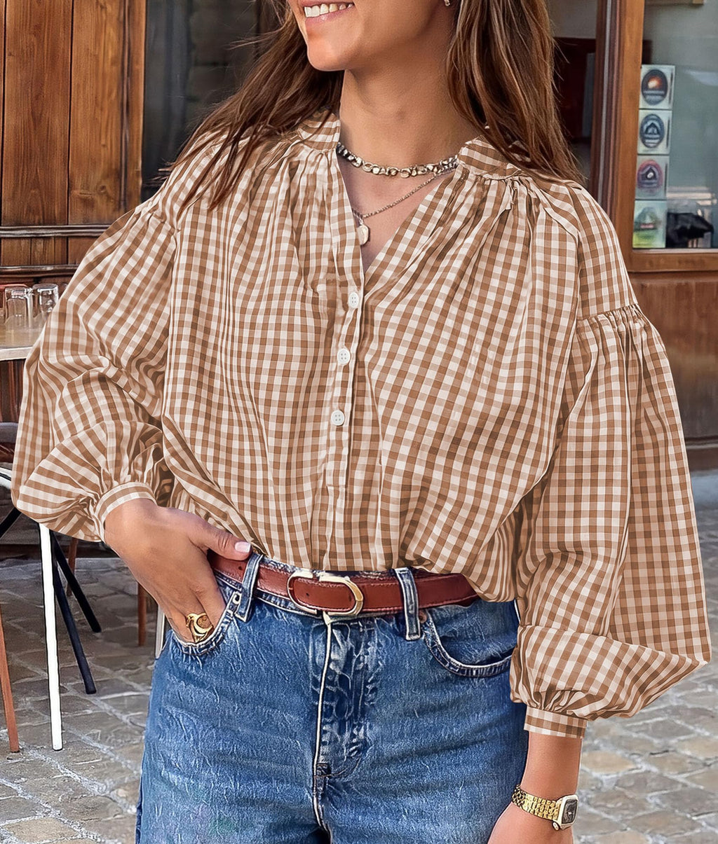 PRETTYGARDEN Women Fall Plaid Long Puff Sleeve Shirts V Neck Casual Blouses Gingham Button Down Oversized, Pleated Drop Shoulder Cotton Tops, Dressy Casual, Work Vacation Travel, Fall Outfits Trendy