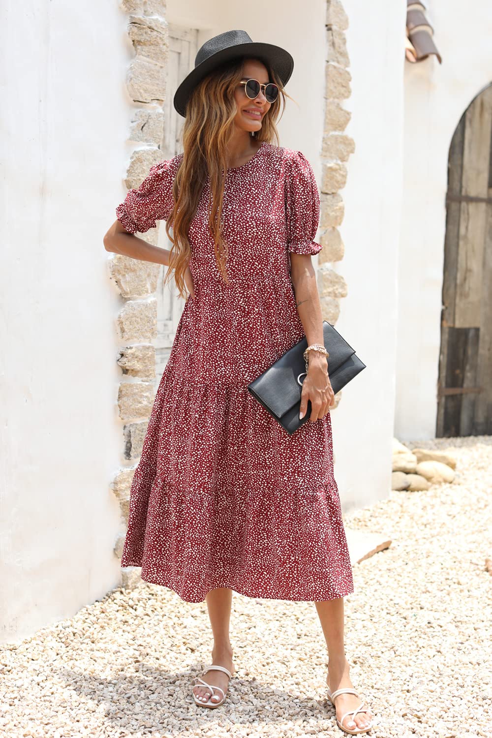 PRETTYGARDEN Summer Dresses for Women Casual Floral Boho Midi Sun Dress Puff Short Sleeve Flowy Beach Vacation Sundress