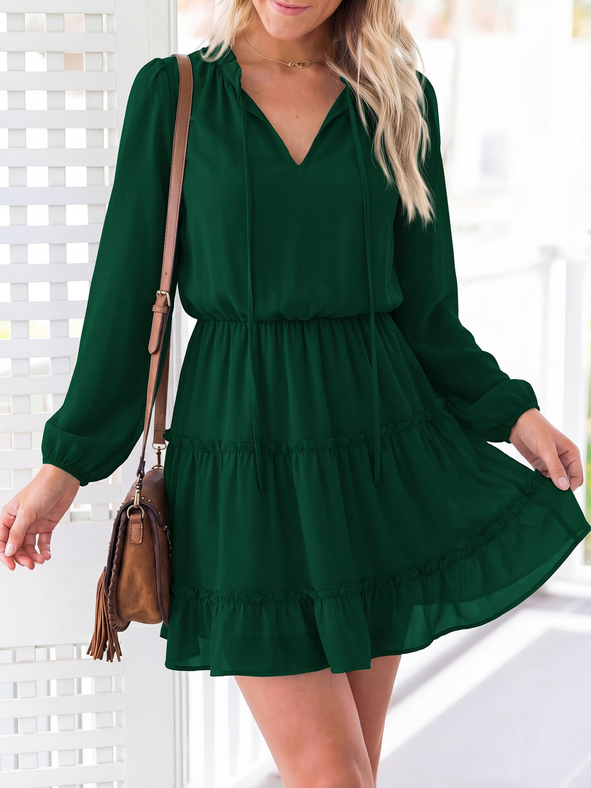 BTFBM Long Sleeve Summer Dresses for Women Casual Tie Neck Ruffle Tiered A Line Mini Spring Wedding Guest Dress
