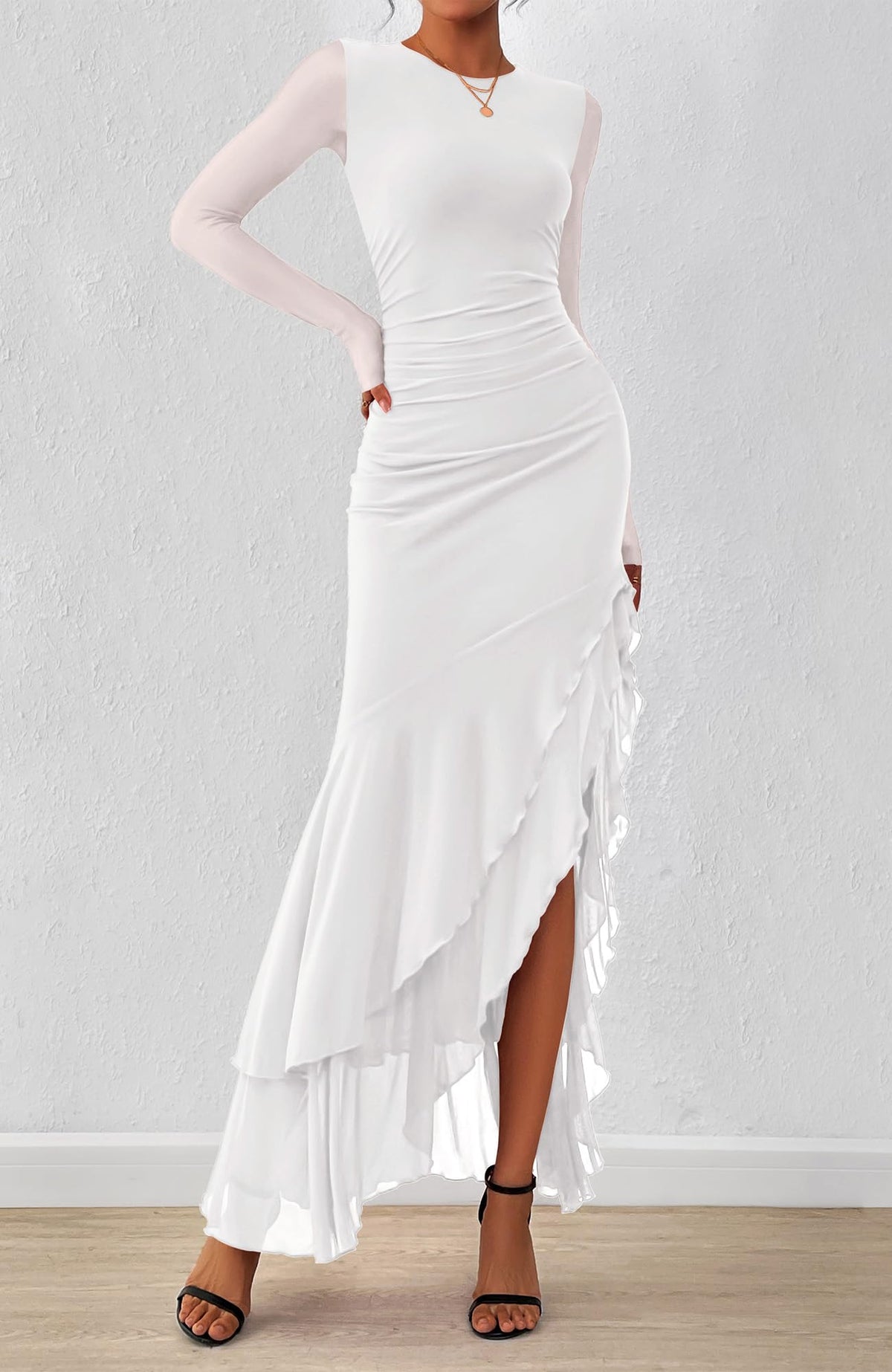 BTFBM Women's Maxi Dresses Fall Long Sleeve Wedding Guest Dress Mesh,Ruched,Bodycon,High Split,Solid Color,Ruffle, Mermaid,Cocktail Dresses,Prom,Party,Homecoming Dress,Fall Outfits