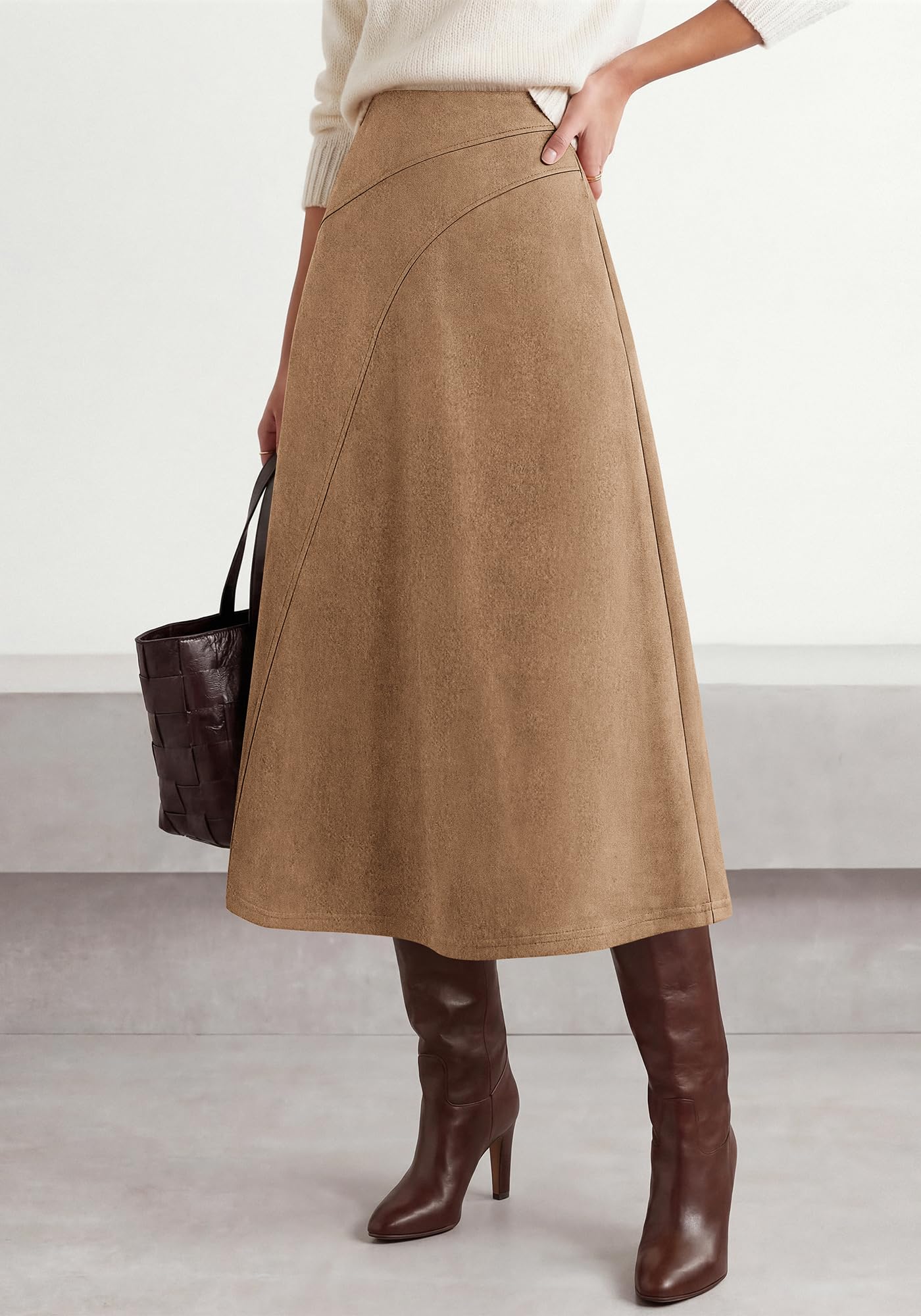 BTFBM Women Faux Suede Midi Long Skirt Fall Fashion | High Waisted Skirts For Women Trendy, Lightweight, Back Elastic, Arc Line Design, A-Line, Winter Dress, Boho Western Outfits