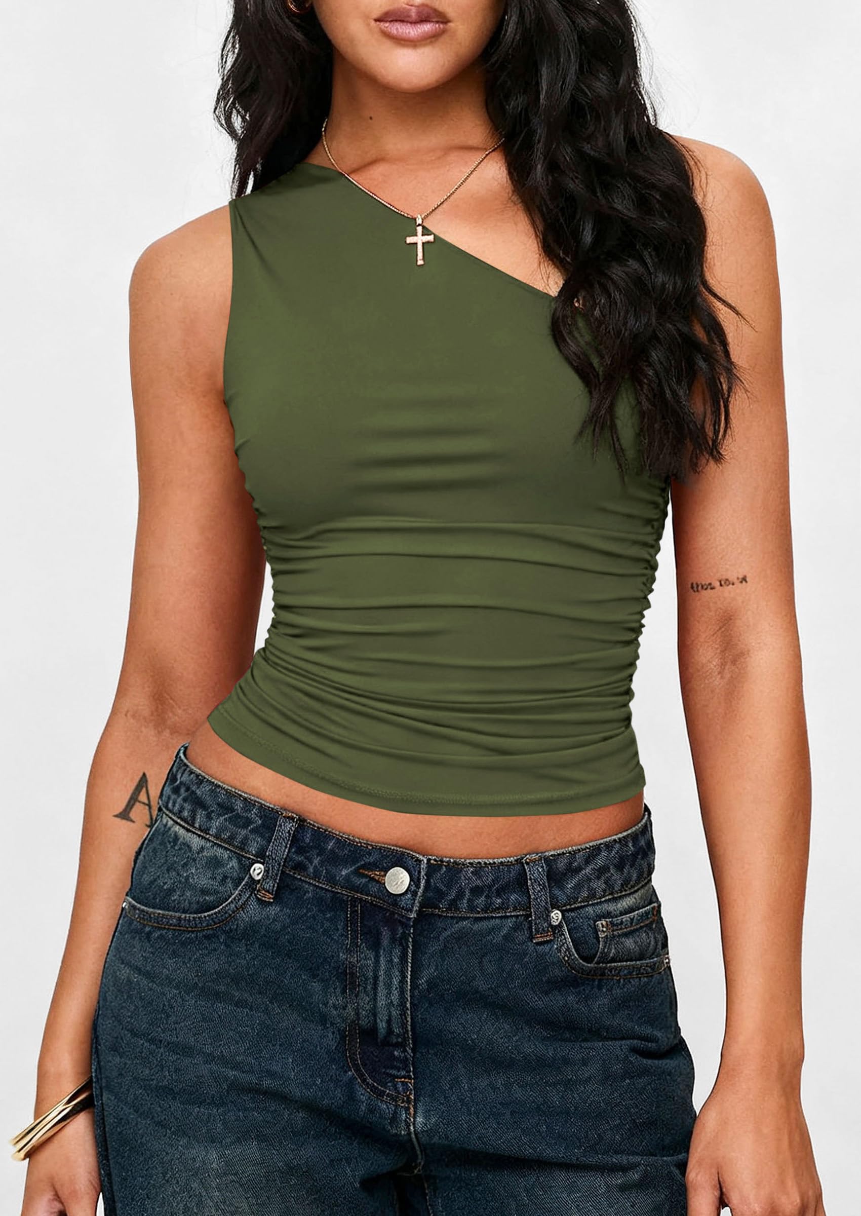 PRETTYGARDEN Womens Sleeveless One Shoulder Tank Top Ruched Slim Fit Shirts Basic Crop Y2k Tops  Spring Fashion Clothing