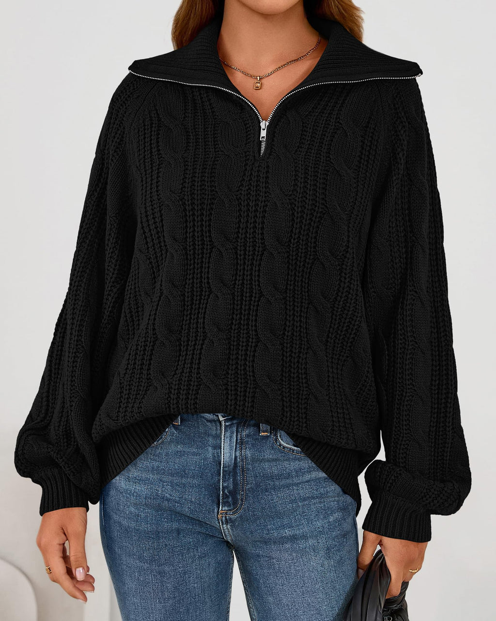 BTFBM Sweaters for Women Fall Fashion Loose Quarter Zip Pullover Collared Long Sleeve Cable Knit Winter Clothes