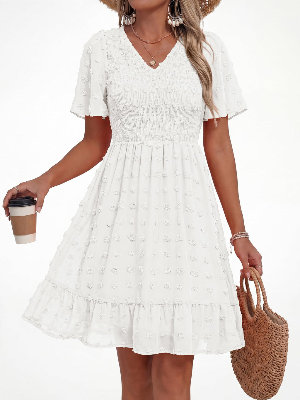 FreshPretty Womens Beach Vacation Dress Summer V Neck Short Sleeve Smocked Swiss Dot Ruffle Casual Mini Spring Dresses