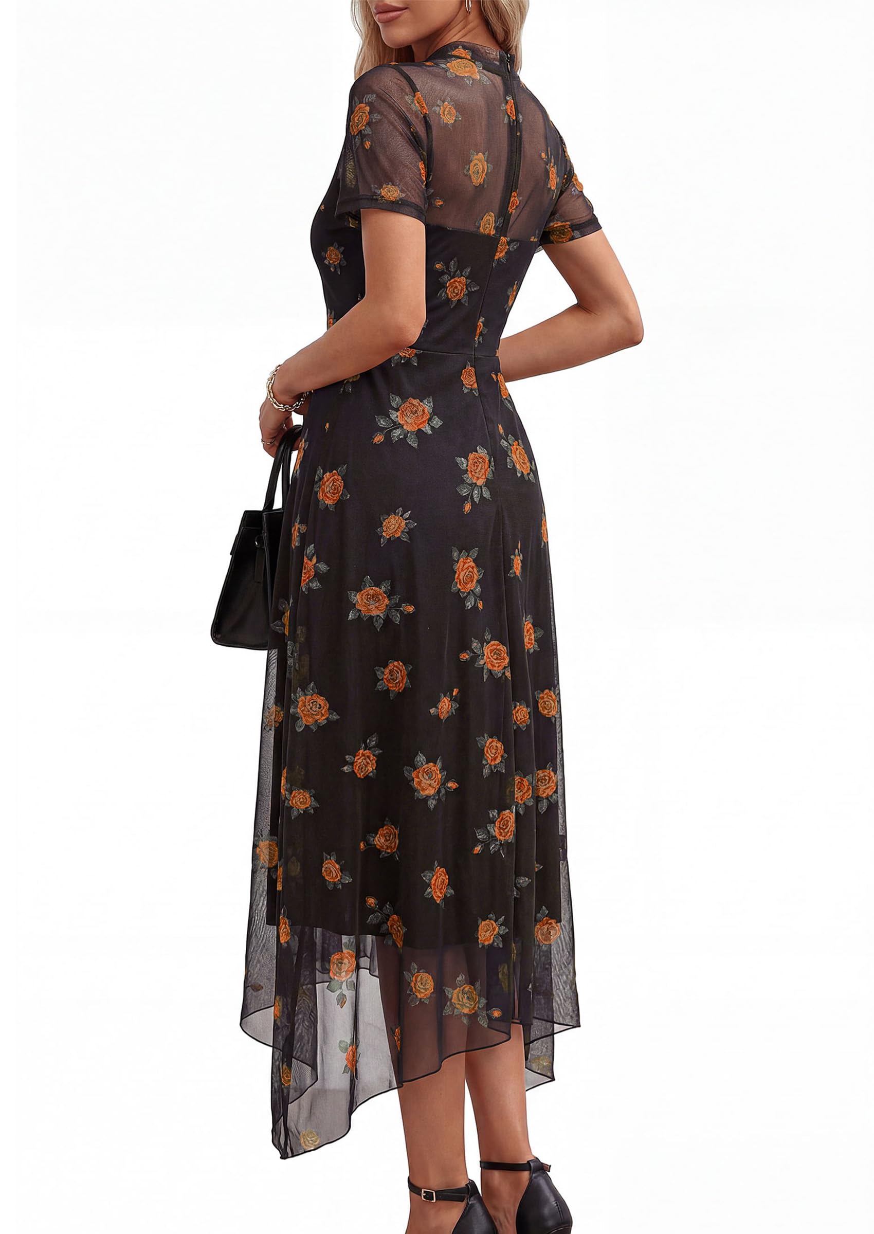 PRETTYGARDEN Cocktail Dresses for Women  Summer Short Sleeve Floral Mesh Sheer Midi Party Wedding Guest Dress
