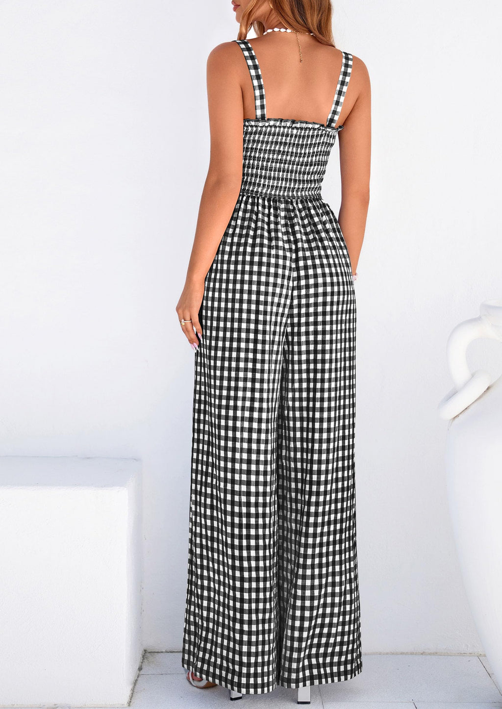 PRETTYGARDEN One Piece Jumpsuits for Women Casual Summer Cruise Outfits  Spring Fashion Smocked Wide Leg Gingham Rompers