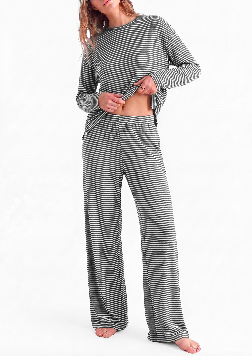 PRETTYGARDEN Womens Striped Lounge Set Fall Winter 2 Piece Sets Side Slit Long Sleeve T-Shirts & Wide Leg Pants, Matching Pajama Sets, Comfy Pj Set, Loungewear with Pockets, Fashion Clothes